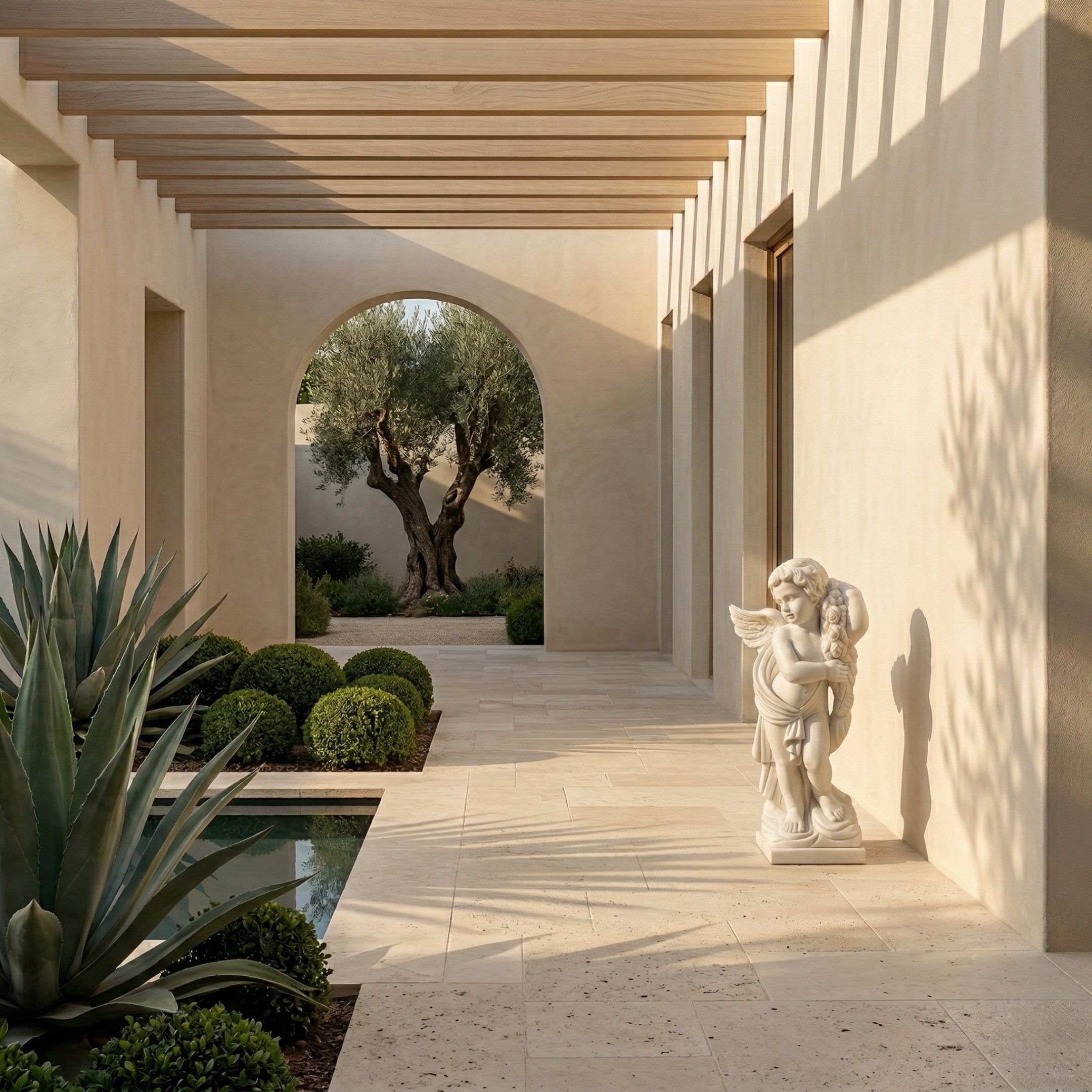 Child Angel Marble Outdoor Sculpture by Giant Sculptures, 80cm white marble winged cherub holding flowers, displayed in a sunlit courtyard with an arched doorway, olive tree, and manicured greenery.