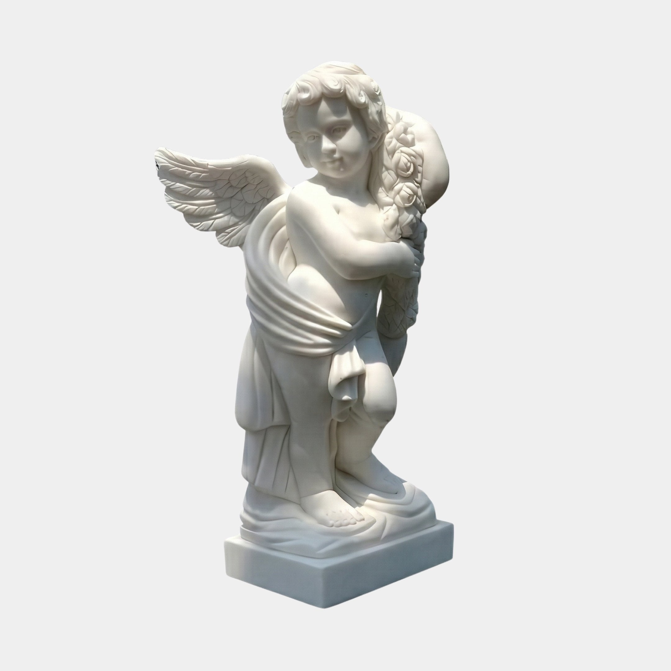 Child Garden Child Angel Marble Outdoor Sculpture – 80cm by Giant Sculptures, white marble winged cherub carrying roses in a draped robe on a square base, plain light background.