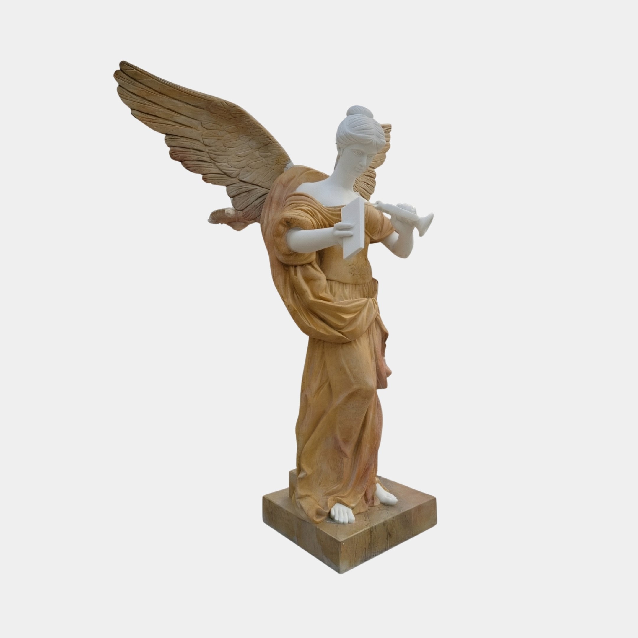 Gold Winged Roman Angel Marble Outdoor Sculpture by Giant Sculptures, 180cm tall, depicting an angel playing violin in white and golden marble on a square base, plain light background.