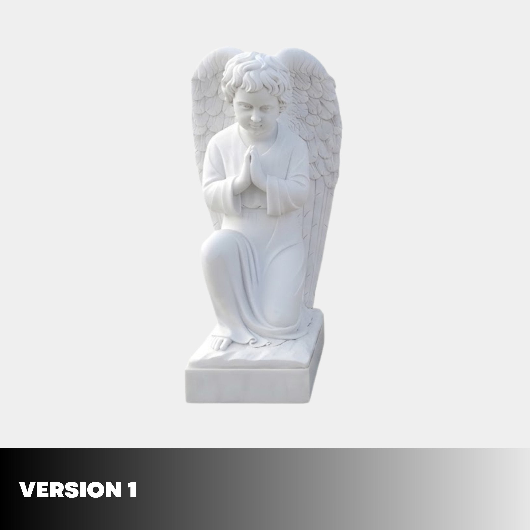 Kneeling Praying Angel Marble Outdoor Sculpture by Giant Sculptures, 80cm tall in white marble with folded wings and hands clasped in prayer on a square base, light background.