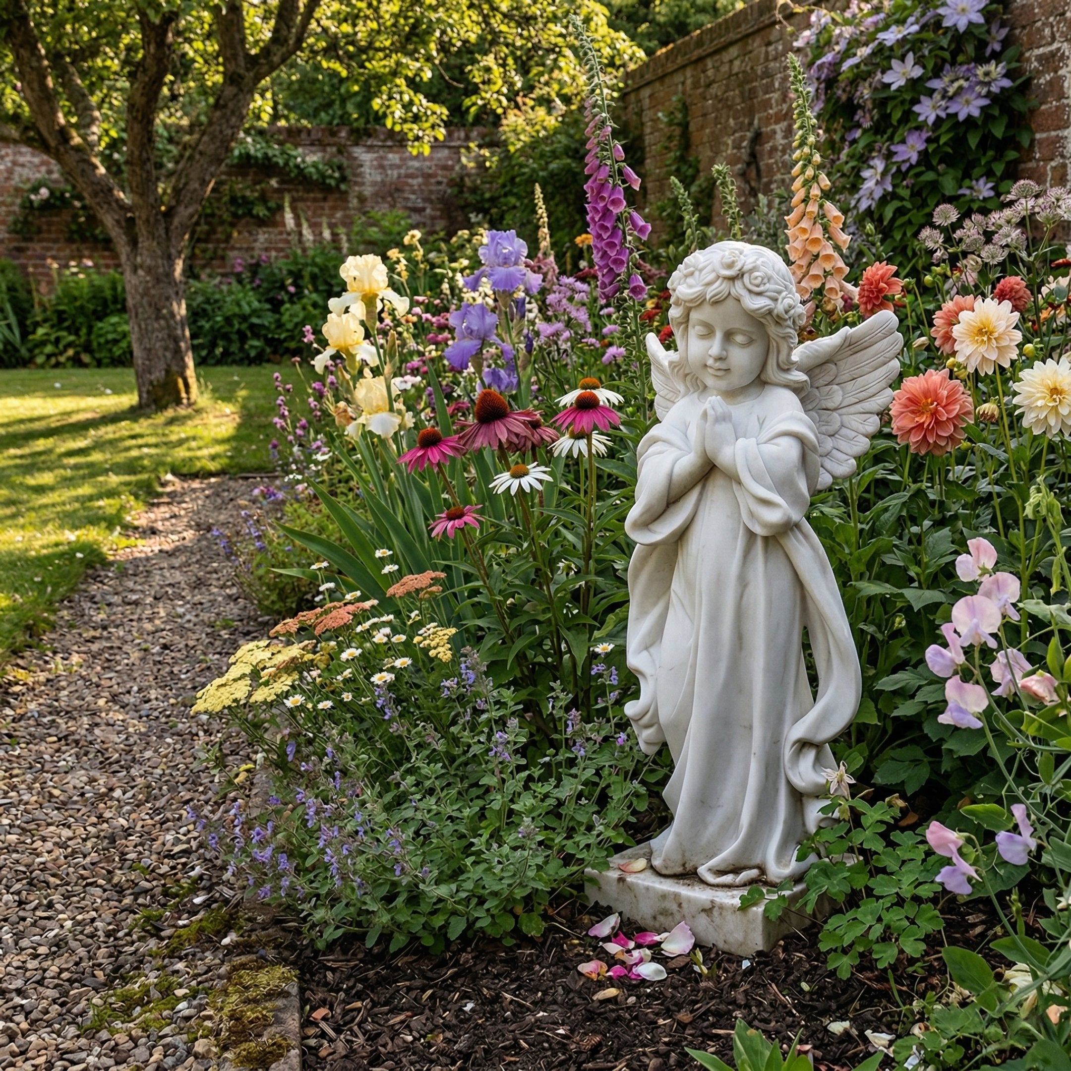 Little Girl Angel Marble Outdoor Sculpture by Giant Sculptures, 80cm white marble cherub in a praying pose with feathered wings, set in a walled cottage garden border with colorful flowers.