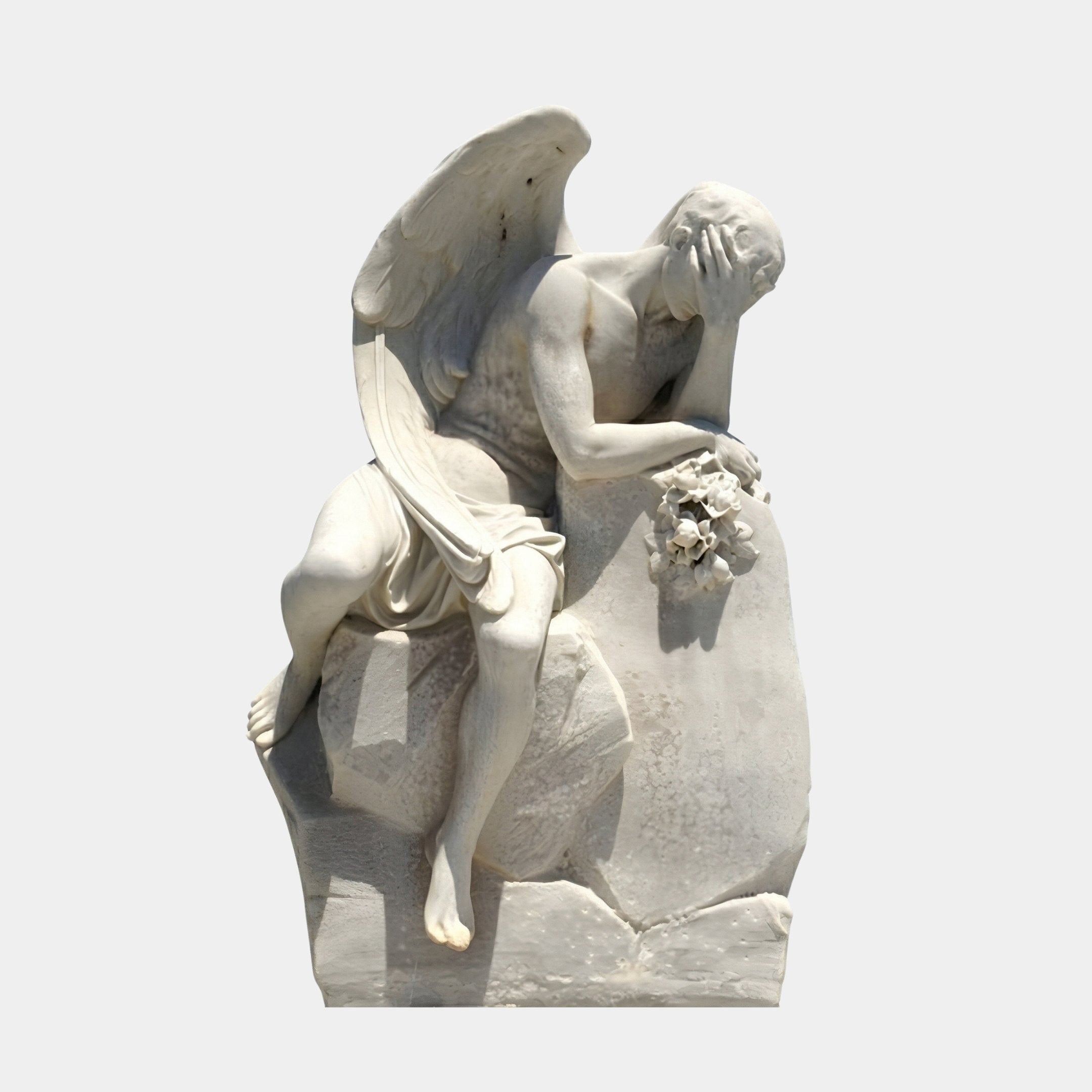 Weeping Angel Marble Outdoor Sculpture by Giant Sculptures, depicting a winged angel hunched in grief with one hand covering its face and flowers in the other, carved in white marble against a light background.
