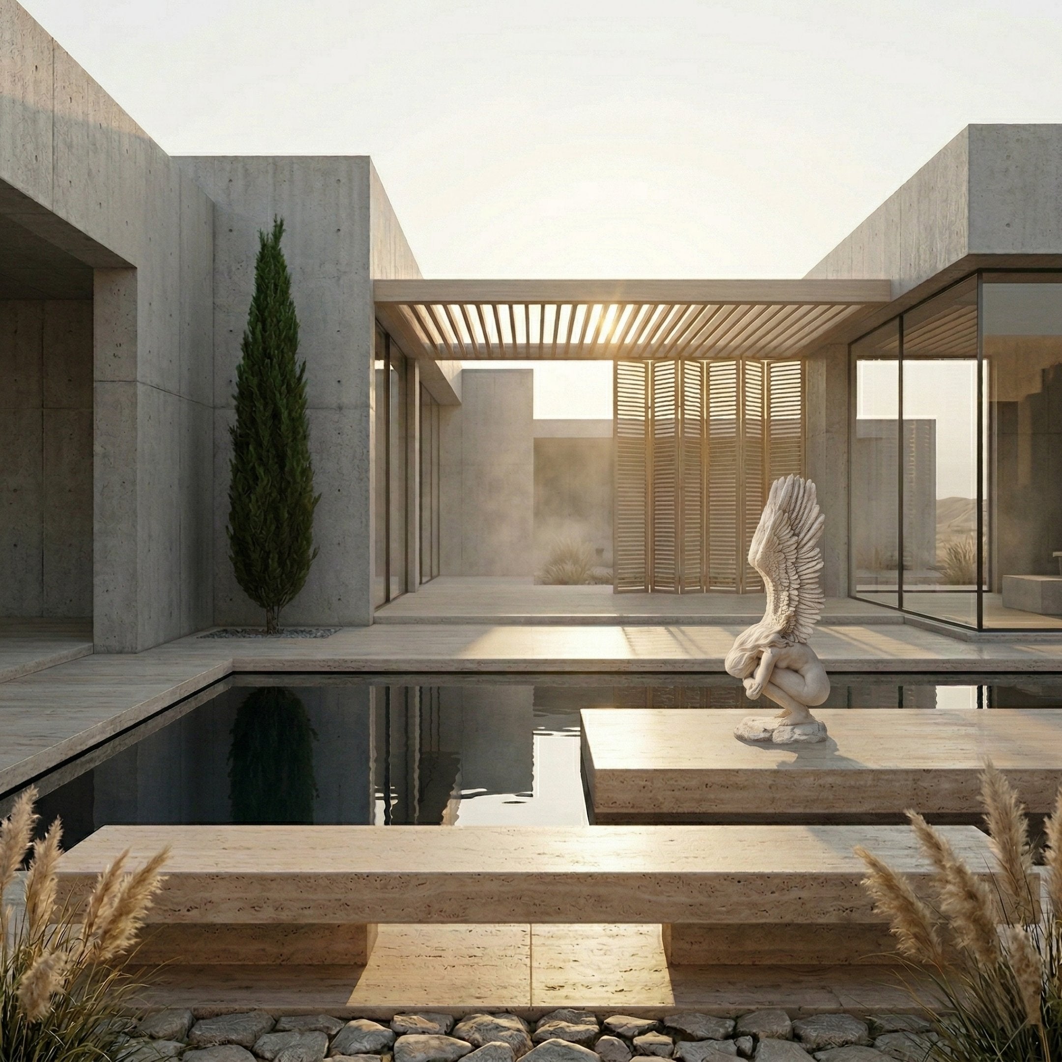 Weeping Angel Marble Outdoor Sculpture by Giant Sculptures, 150cm, depicting a crouching winged figure on a rock base, displayed beside a reflective pool in a modern concrete courtyard.