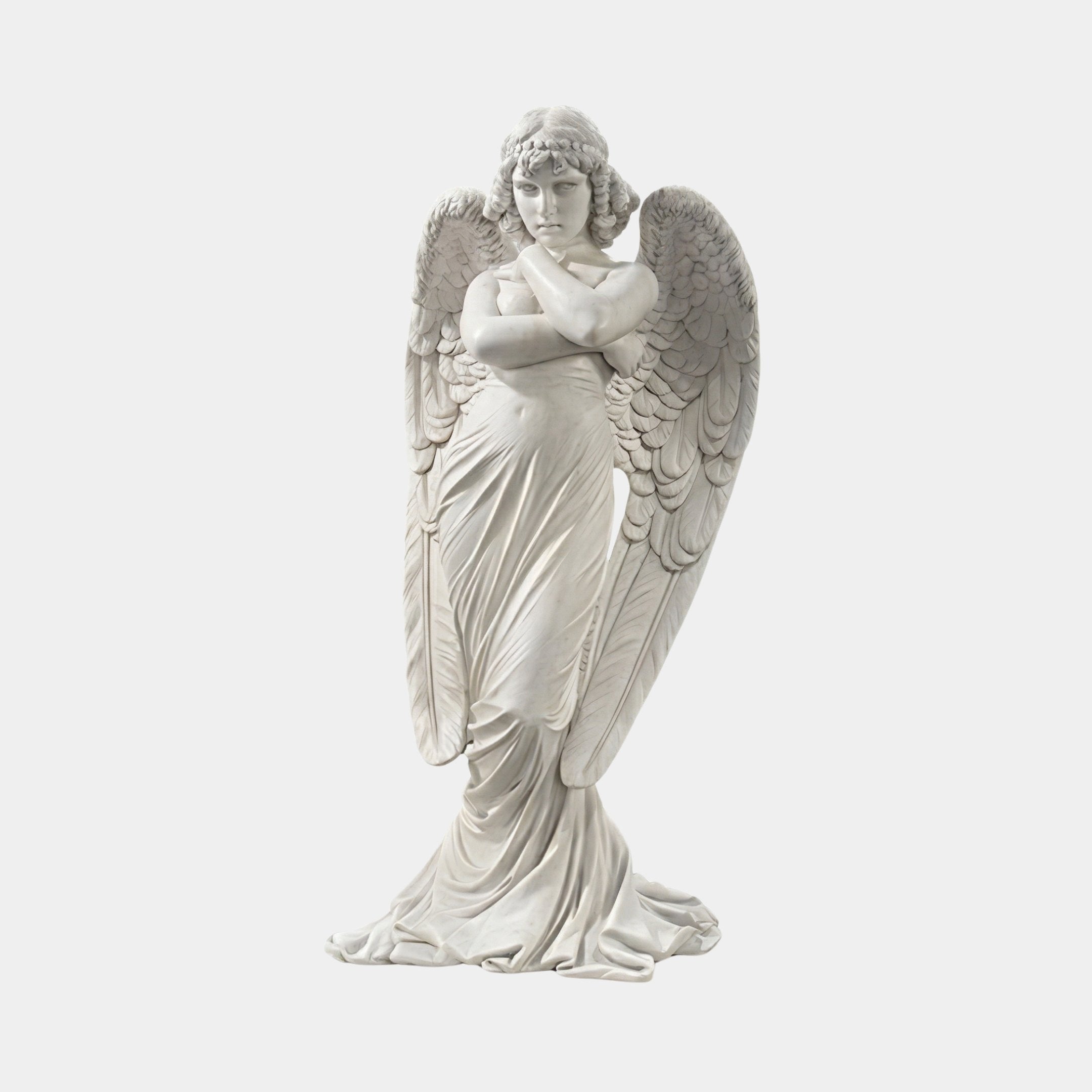 Angel Holding Garland marble outdoor sculpture by Giant Sculptures, 120cm tall figure with crossed arms, detailed feathered wings, flowing drapery, and curly hair, in white marble on a plain light background.