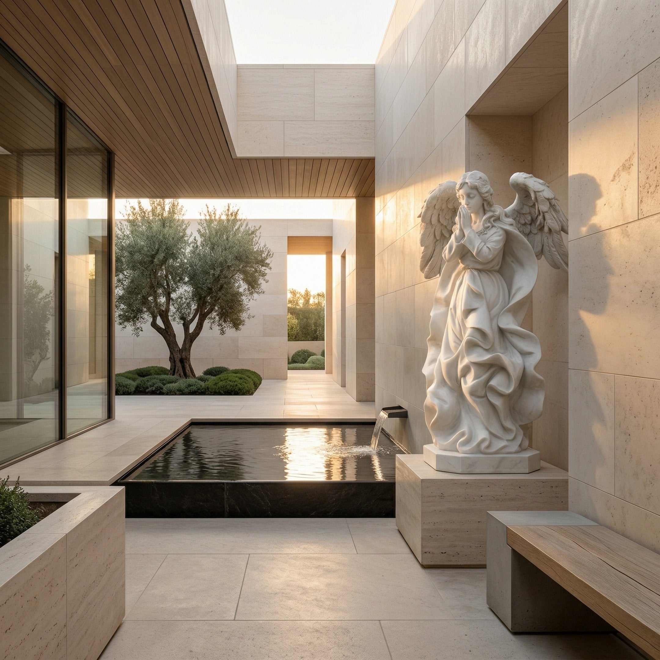Young Angel Marble Outdoor Sculpture by Giant Sculptures, 160cm white marble winged figure in flowing robes on a stone pedestal beside a dark reflecting pool in a modern courtyard with olive tree.