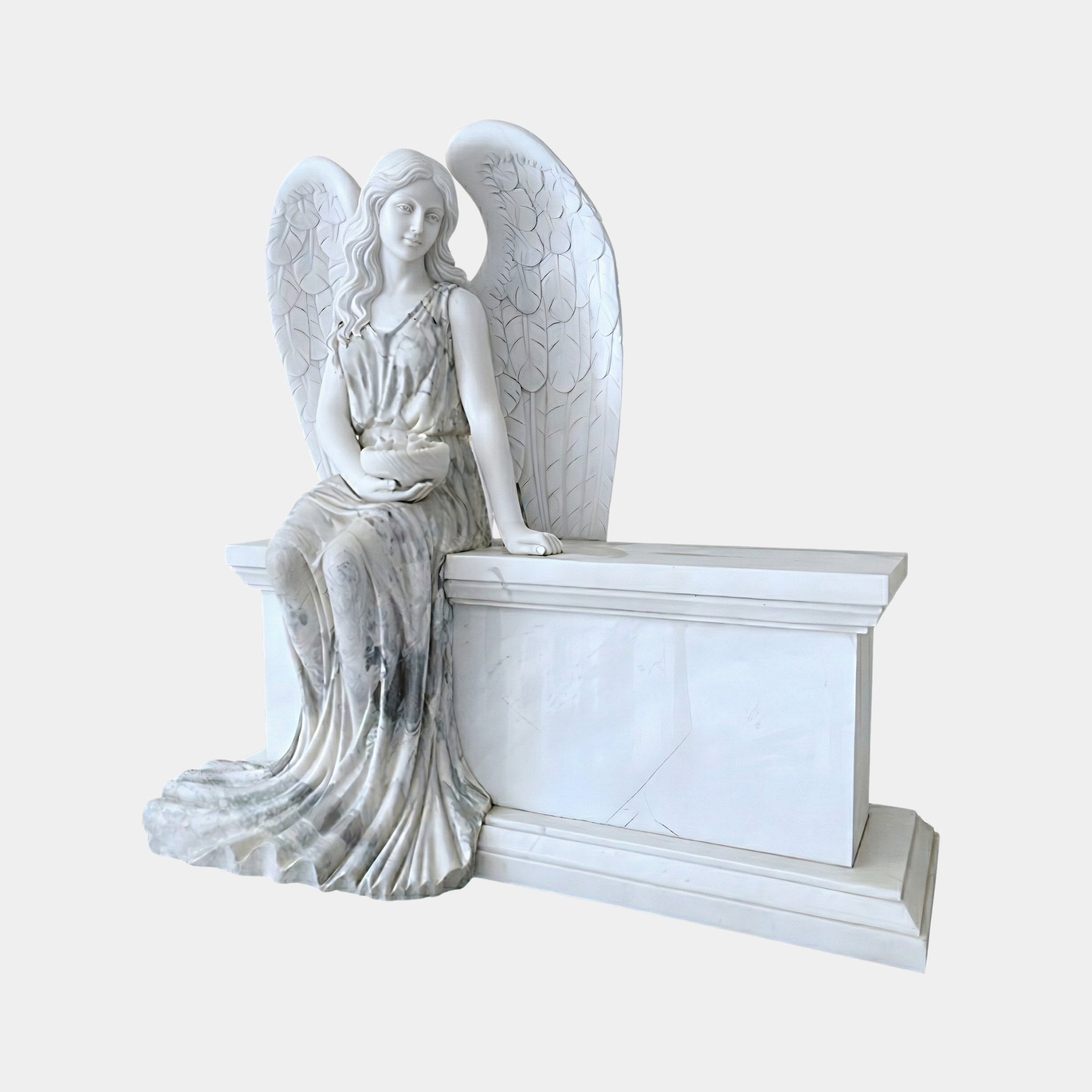 Headstone Memorial Angel Marble Outdoor Sculpture by Giant Sculptures, featuring a winged angel seated on a white marble headstone monument with flowing draped robes, shown against a plain light background.