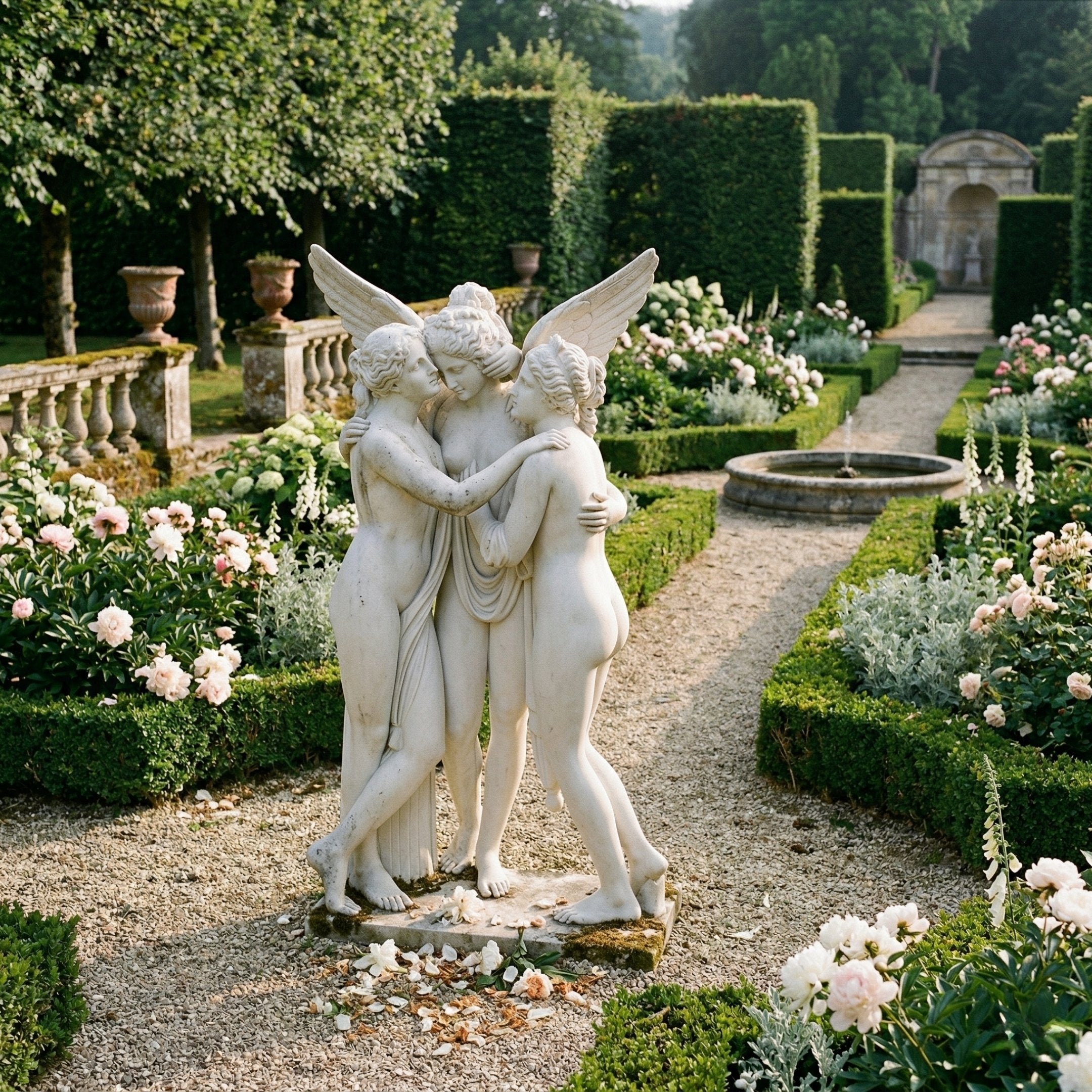 Three Graces Angel Marble Outdoor Sculpture by Giant Sculptures, 180cm white marble figures in a classic embrace with wings, displayed in a formal garden with roses and hedges.