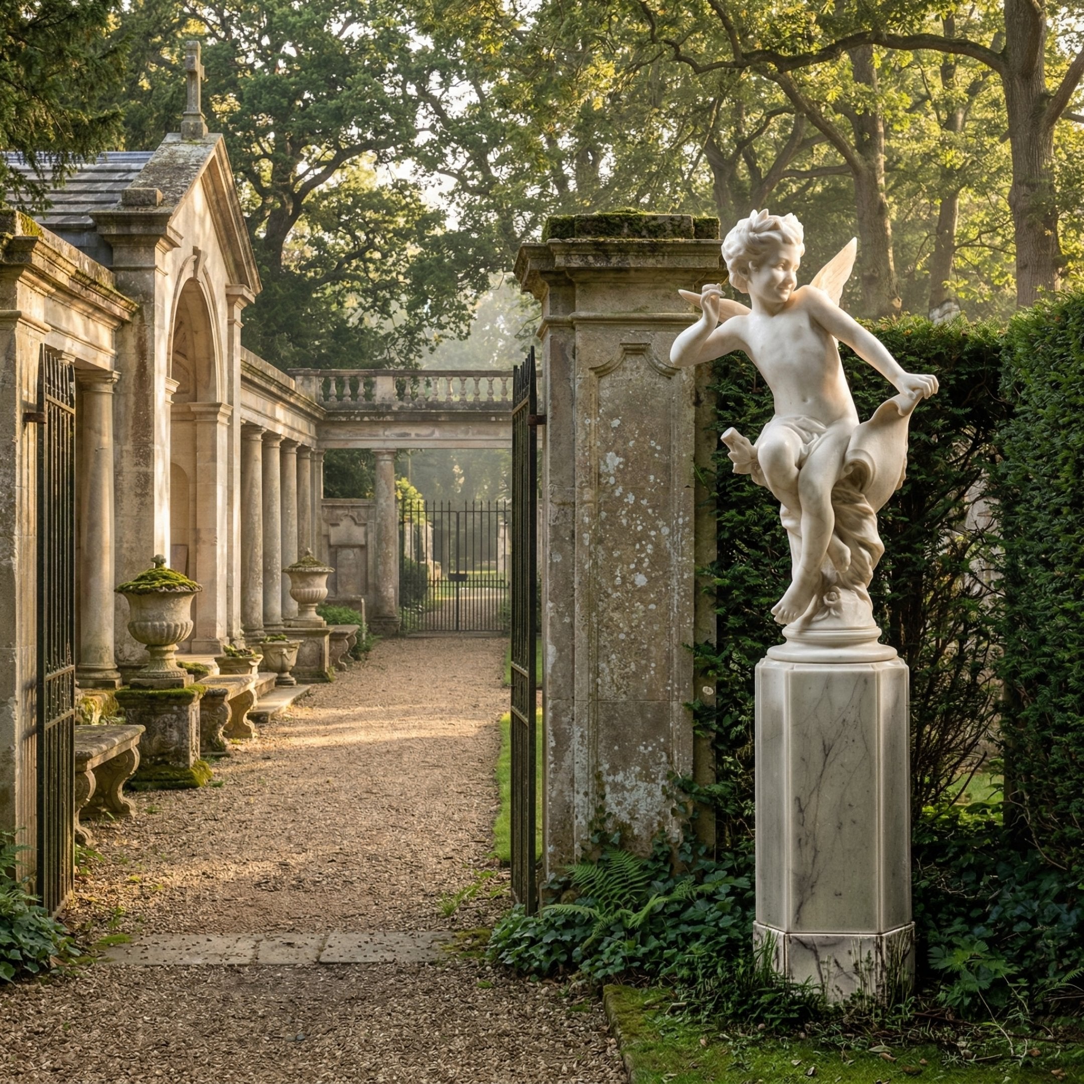 Winged Sitting Cherub Angel Marble Outdoor Sculpture in white marble on a pedestal beside a stone gateway in a classical garden setting with colonnade and mature trees.