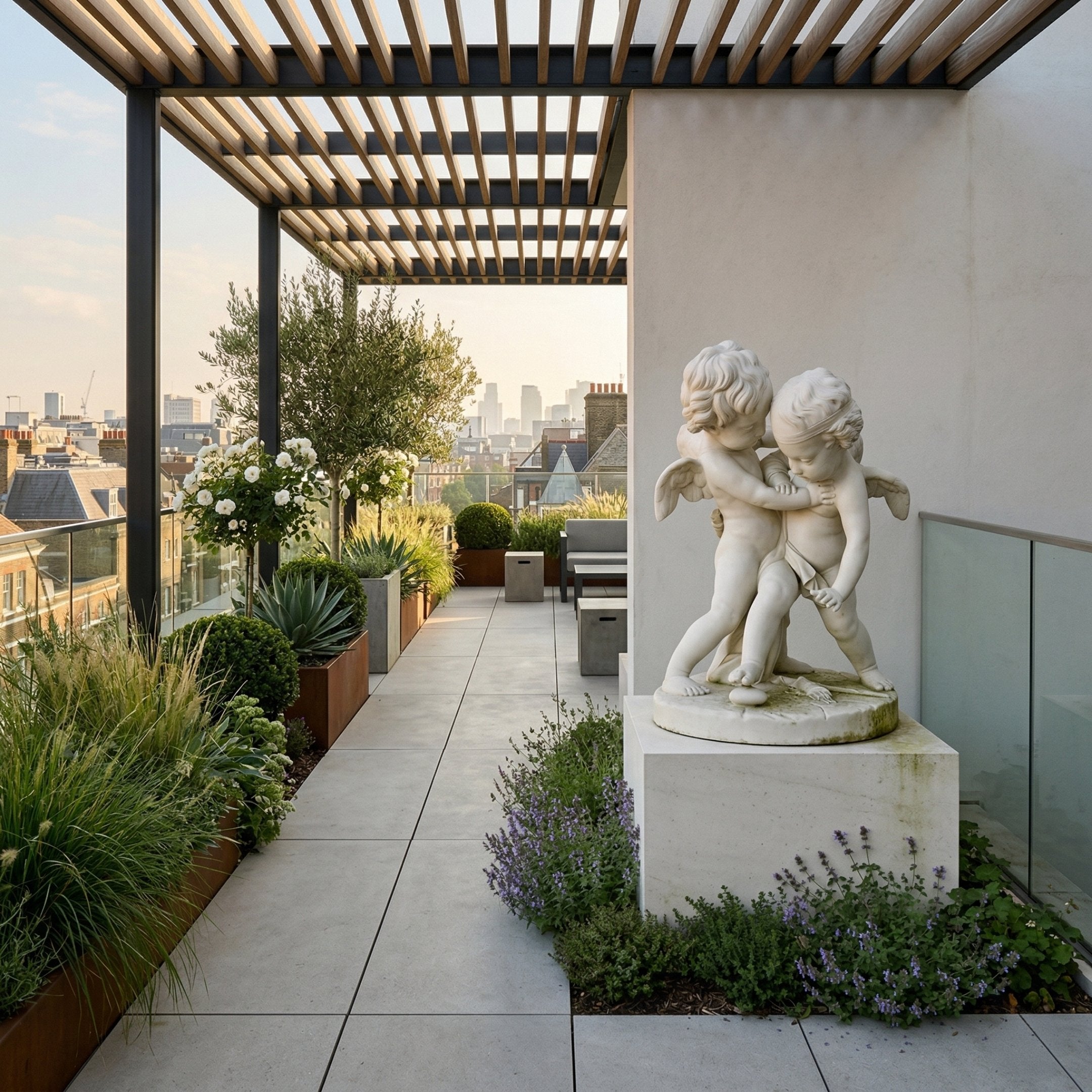 Cupid Angel Marble Outdoor Sculpture – 80cm by Giant Sculptures, two winged cherubs embracing on a stone pedestal, displayed on a rooftop terrace with planters and a city skyline.