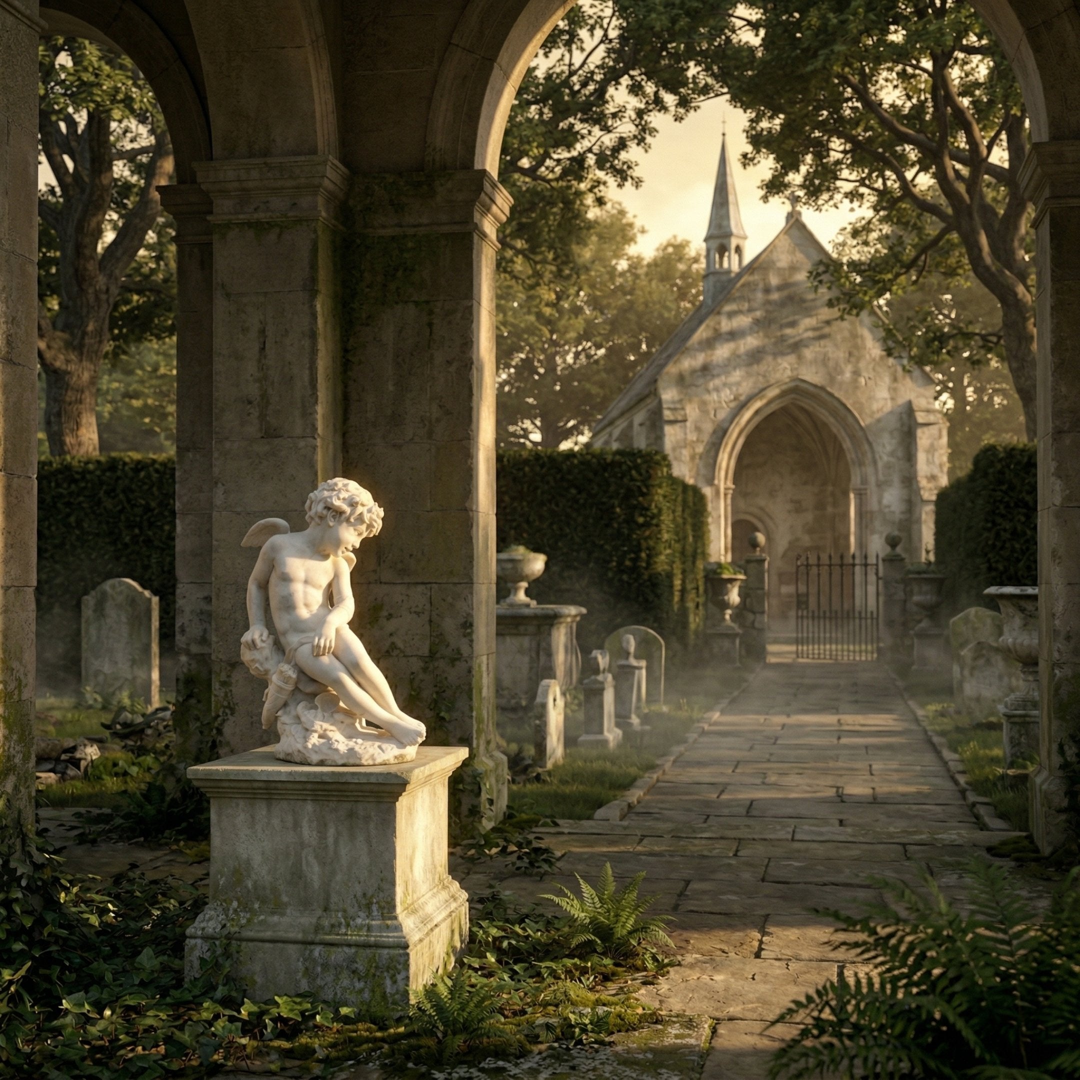 Eros Cupid Angel Marble Outdoor Sculpture by Giant Sculptures, 60cm white marble cherub in a seated pose on a stone pedestal, set in a lush garden cemetery with a chapel in the background.