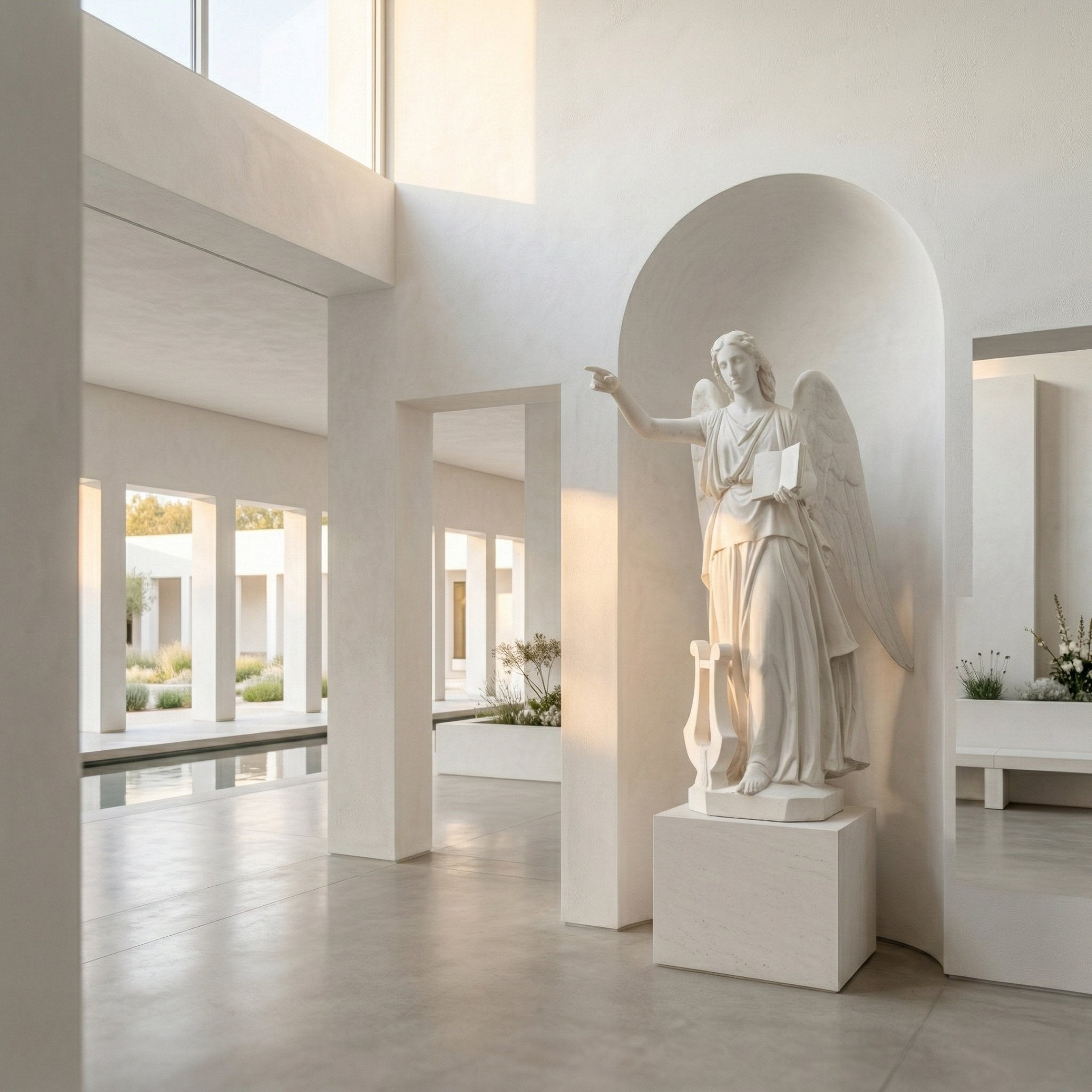 Giant Sculptures Praying Angel Marble Outdoor Sculpture in white marble, 180cm, depicting a winged angel with flowing robes and outstretched arm, displayed on a pedestal in a minimalist white arched alcove.