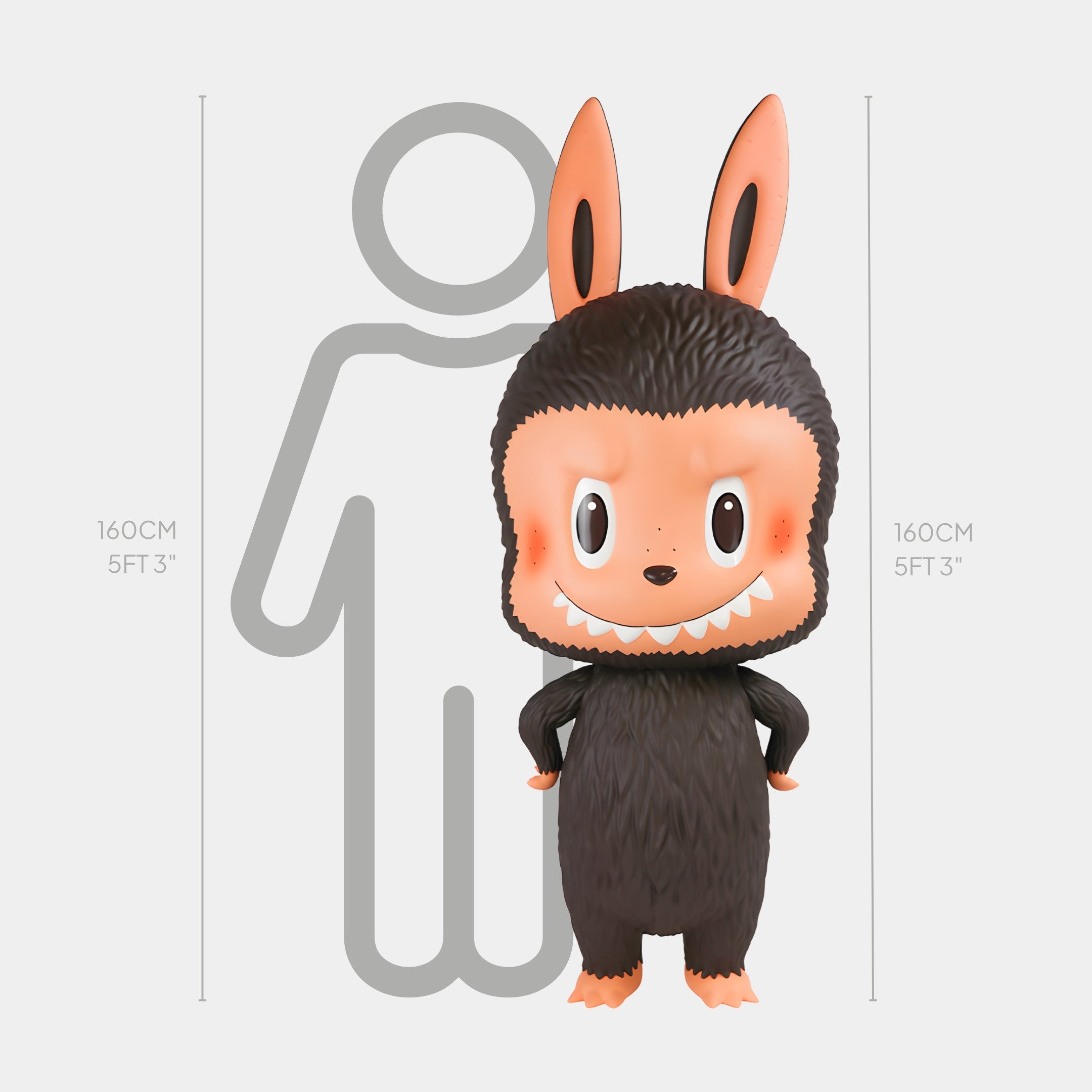 See a 160 cm (5 ft 3 in) tall person beside The Monster Freckles Mega Labubu Sculpture by Giant Sculptures—a whimsical, gallery-quality piece featuring a grinning, bunny-eared character for a charming size comparison.