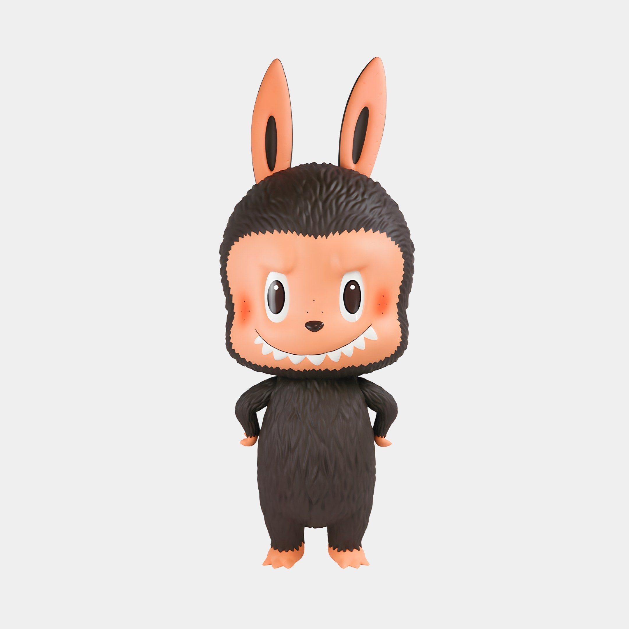 The Monster Freckles Mega Labubu Sculpture - 73cm by Giant Sculptures is a cute collectible featuring a large-headed cartoon character with an orange face, sharp teeth, pink cheeks, and a fuzzy black bunny suit with tall ears.