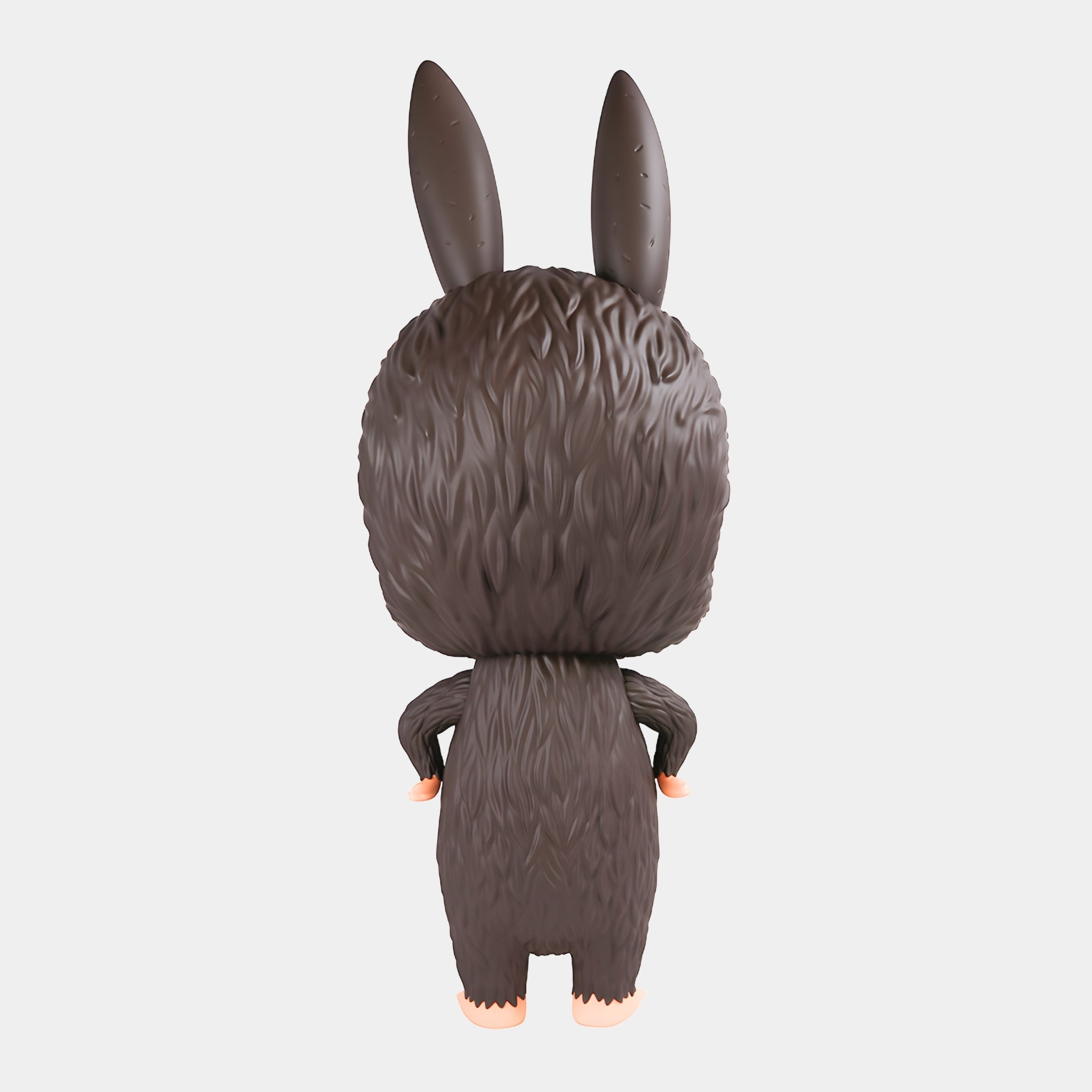 The Monster Freckles Mega Labubu Sculpture - 160cm by Giant Sculptures is shown from the back, displaying its furry dark brown coat, large upright ears, and tan feet with arms at its sides against a white background.