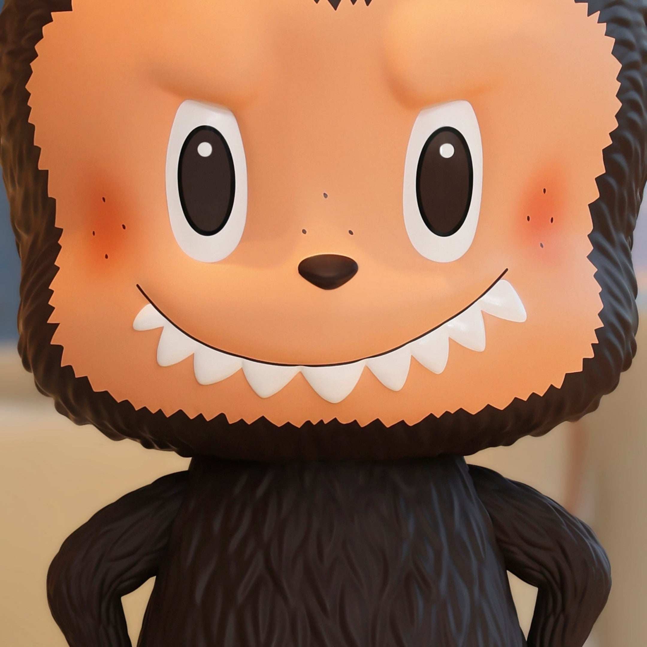 The Monster Freckles Mega Labubu Sculpture - 160cm by Giant Sculptures features a cartoon character with a square, orange face, big round eyes, and a dark brown furry body—crafted in gallery-quality as an impressive collectible design-toy.