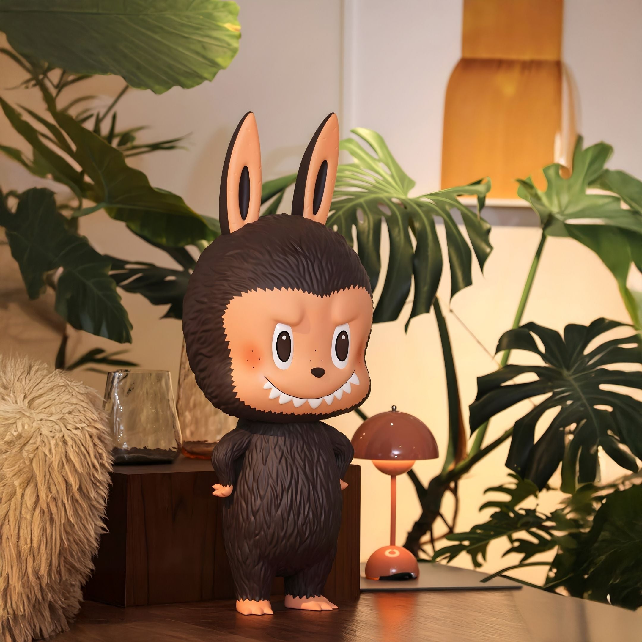 The Monster Freckles Mega Labubu Sculpture - 100cm by Giant Sculptures, featuring big eyes, a wide grin, and upright ears in a fuzzy brown costume, stands on a table with green plants, a furry chair, and an orange lamp nearby.