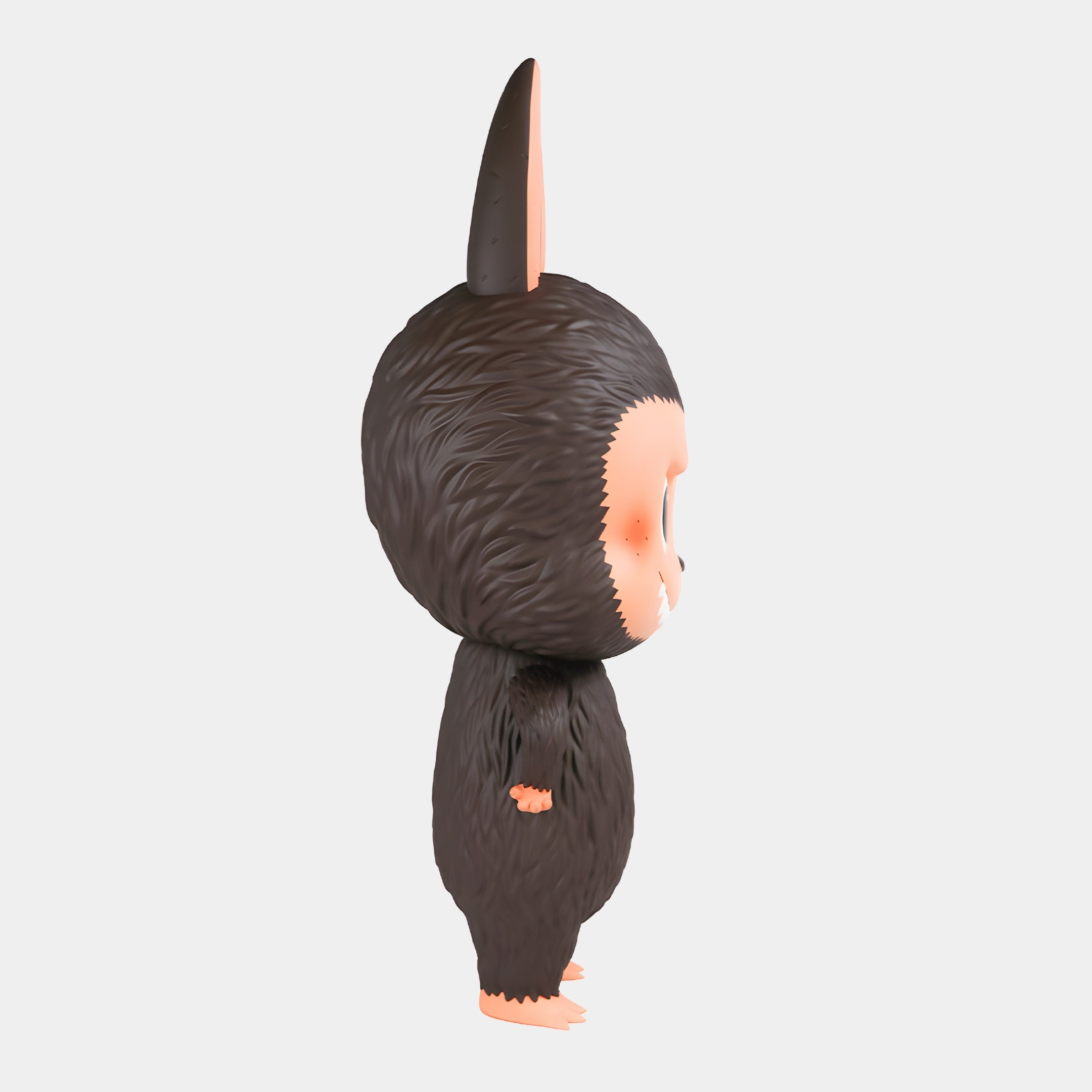 A side view of The Monster Freckles Mega Labubu Sculpture - 160cm by Giant Sculptures, a cute, cartoonish figure with a fuzzy brown suit, large ears, and round face, standing upright against a plain white background.