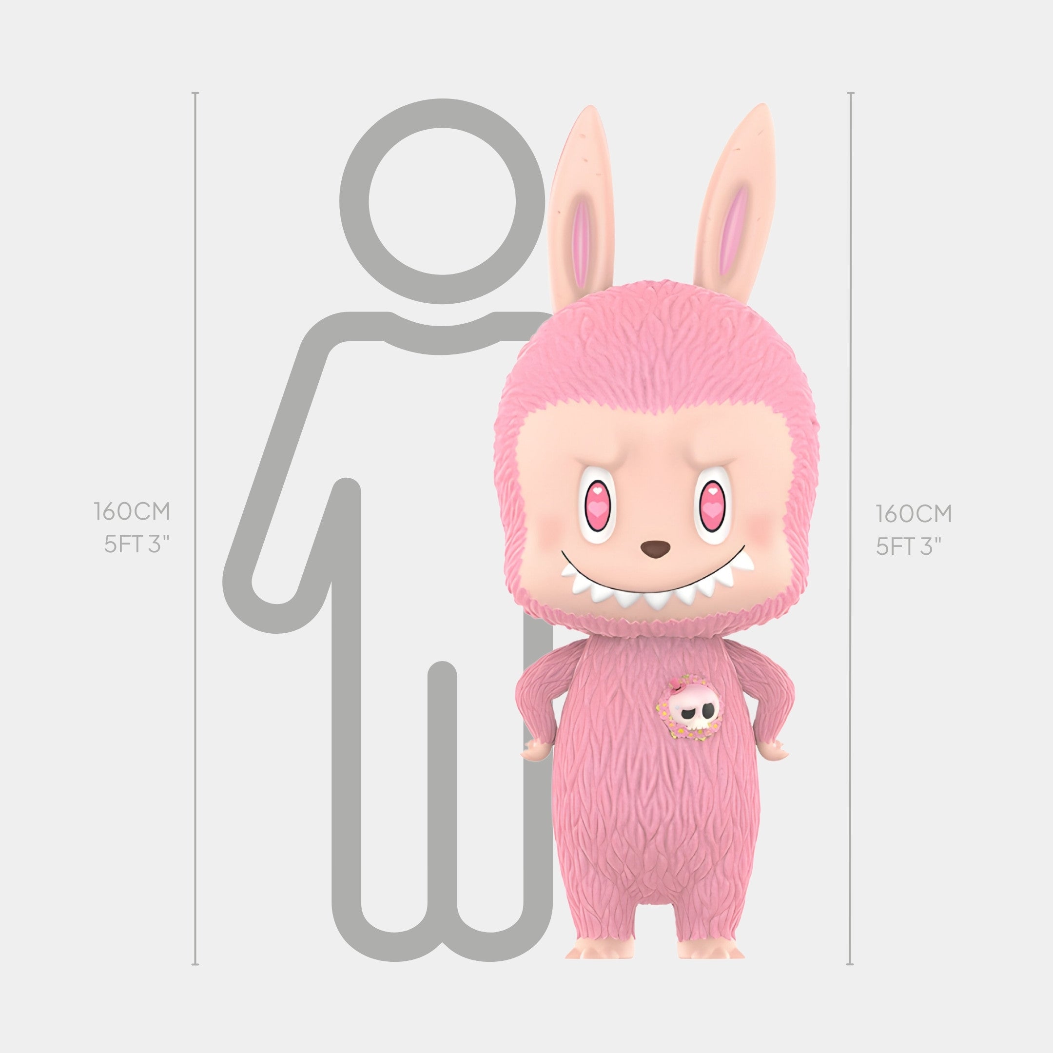 The Monster Mega Pink Labubu Sculpture - 160cm by Giant Sculptures features a pink, furry figure with bunny ears, fangs, and a chest skull, shown beside a gray silhouette of equal height against a 160 cm tall height chart.