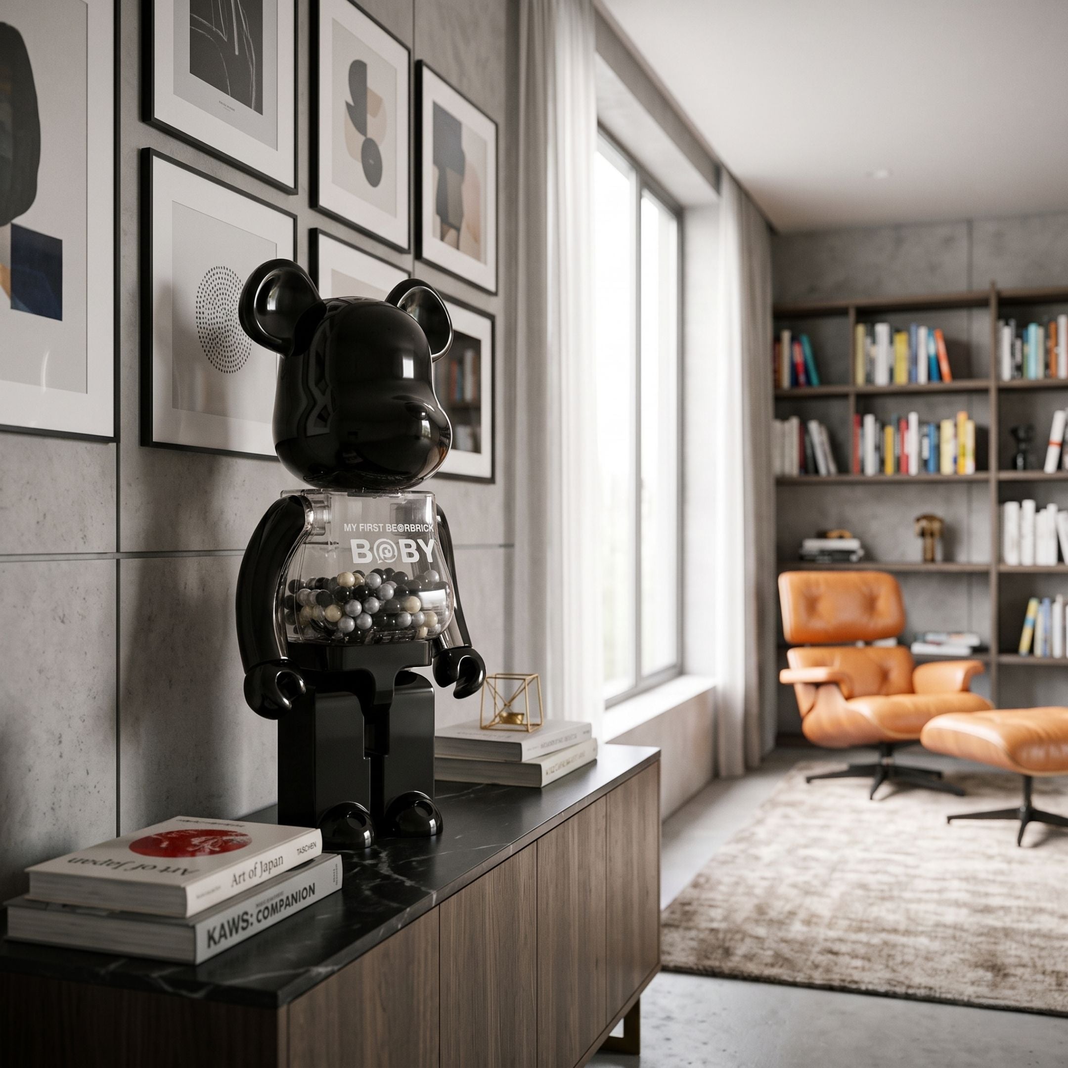 Midnight Chrome Beads Bear Sculpture, 70cm, black bear with transparent chest of chrome beads, on a sideboard in a living room with bookshelves and a leather lounge chair.