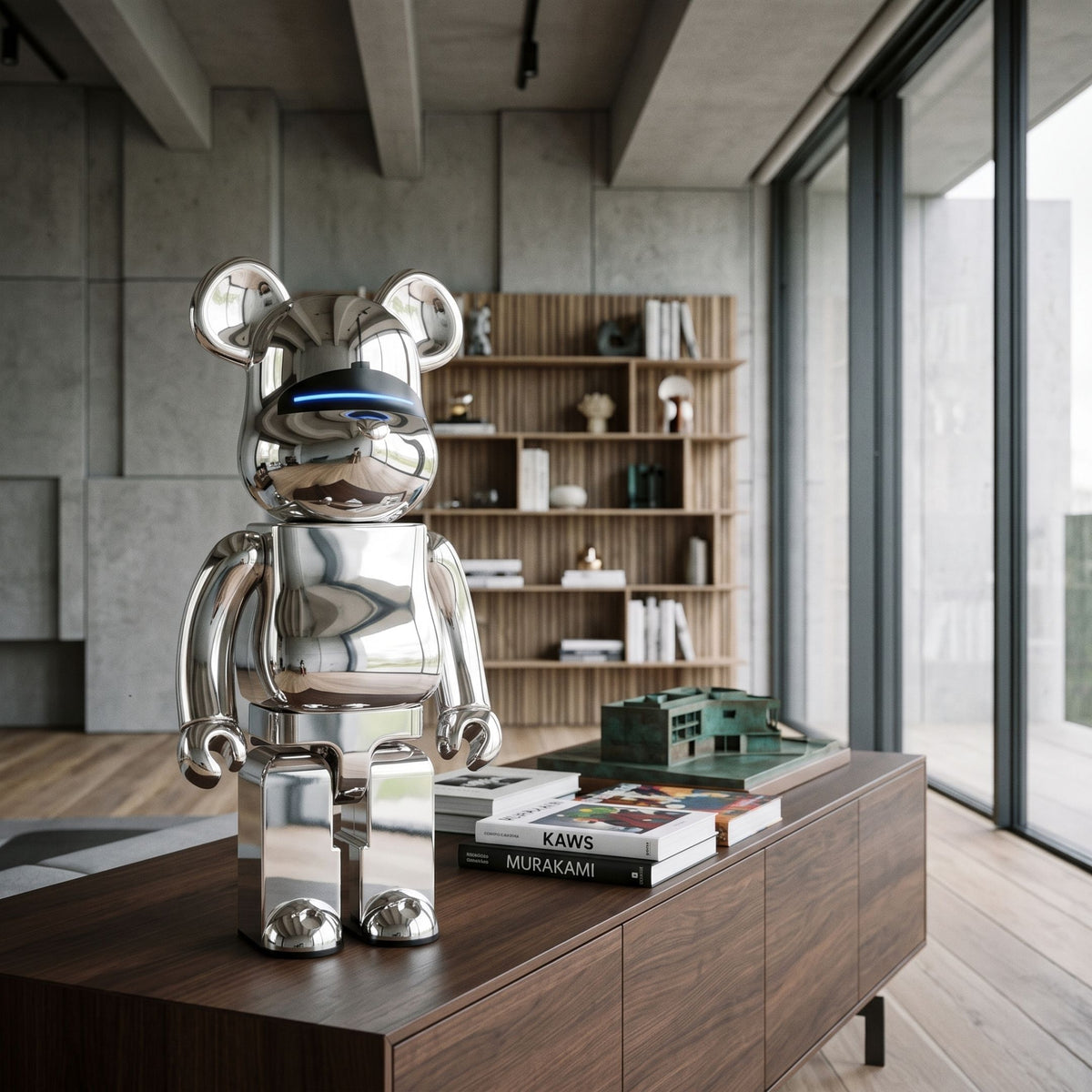 Mirror Chrome Bear Sculpture - 70cm by Giant Sculptures, silver chrome bear with blue visor detail, displayed on a wooden sideboard in a modern living room.