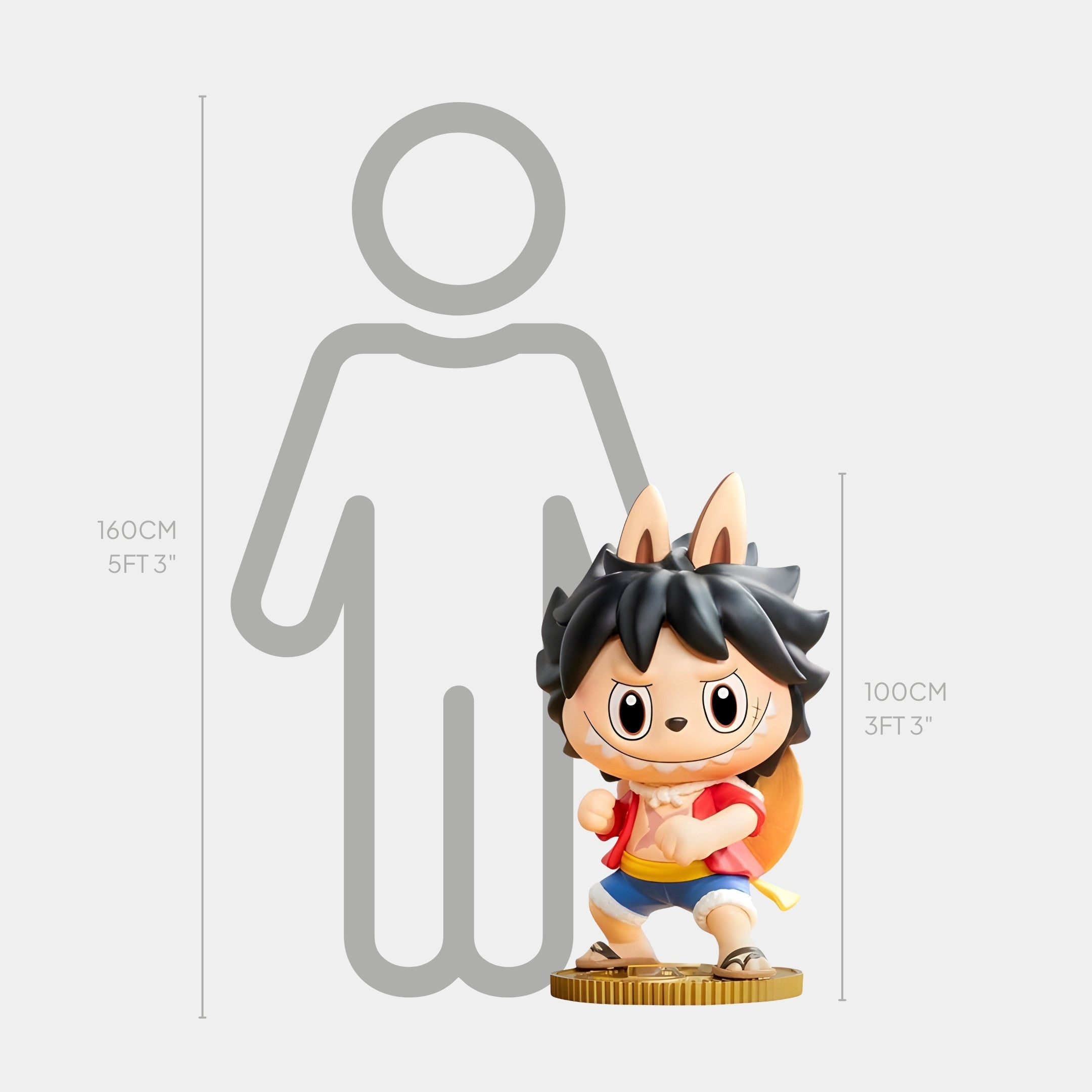 The Grand Line Monkey Luffy Labubu Sculpture by Giant Sculptures stands 100cm tall with black spiky hair, animal ears, and a red cape—perfect for pop culture displays next to a 160cm human outline for scale.