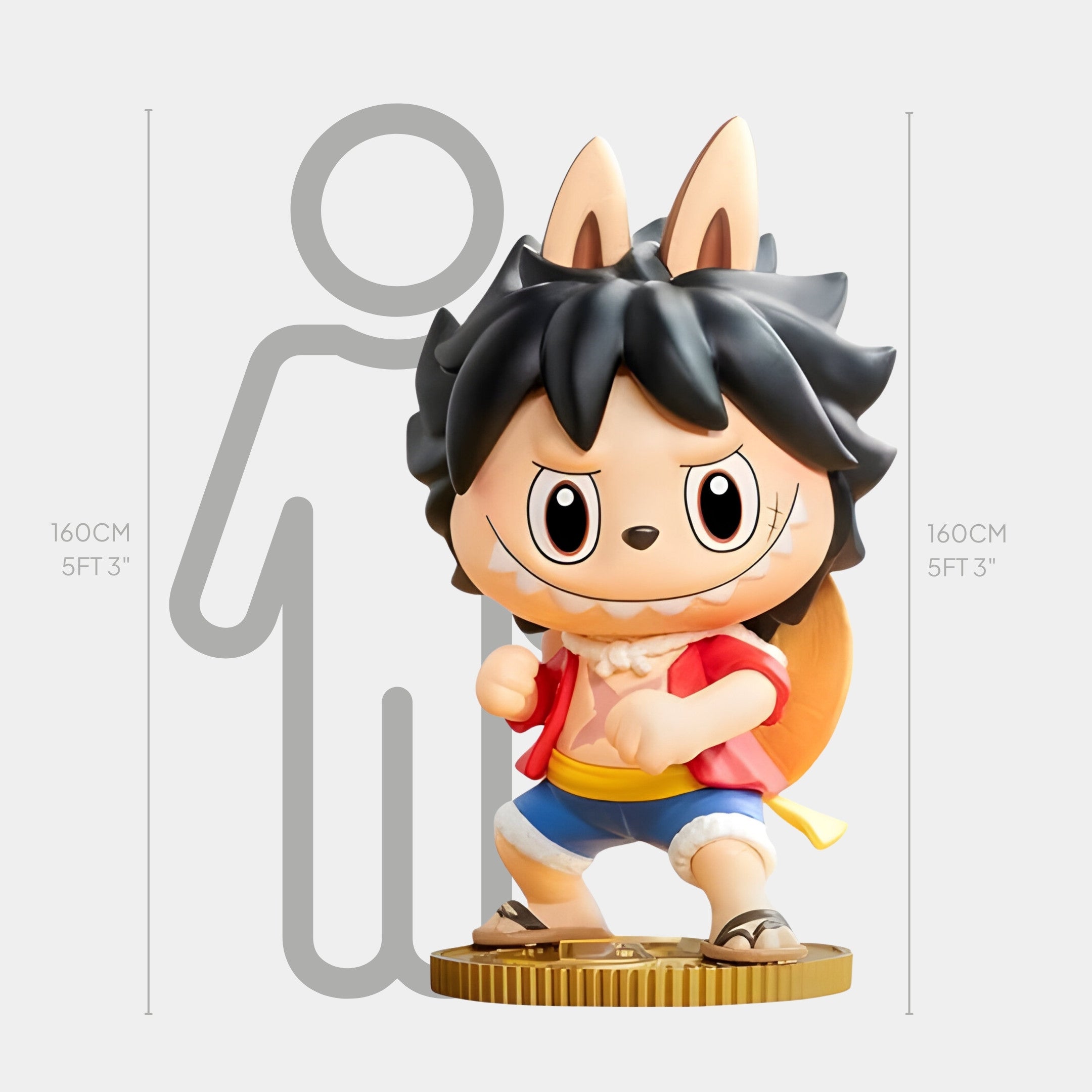 The Grand Line Monkey Luffy Labubu Sculpture by Giant Sculptures stands 160cm tall, depicting a chibi-style anime pirate with black spiky hair, fox ears and tail, in a red jacket, blue shorts, and sandals.
