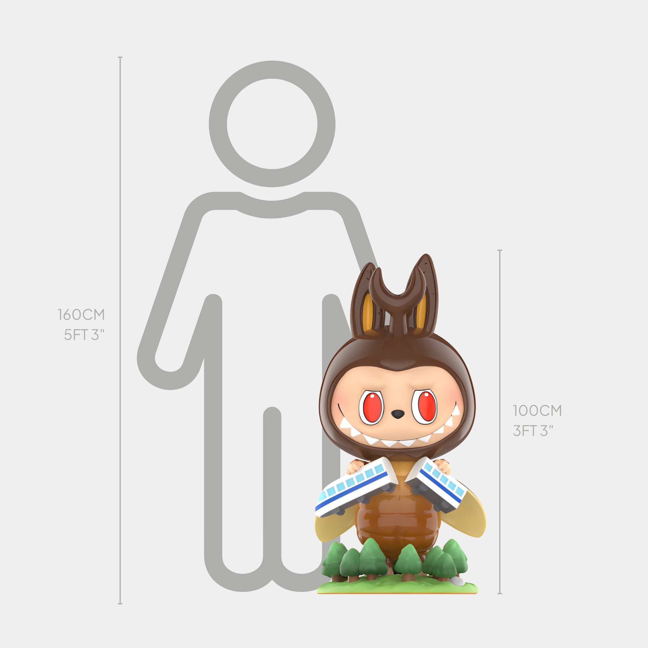 The Giant Sculptures Monsterverse Bug Labubu Sculpture stands 100cm tall beside a size chart comparing it to a 160cm human silhouette—ideal for fans and collectors.