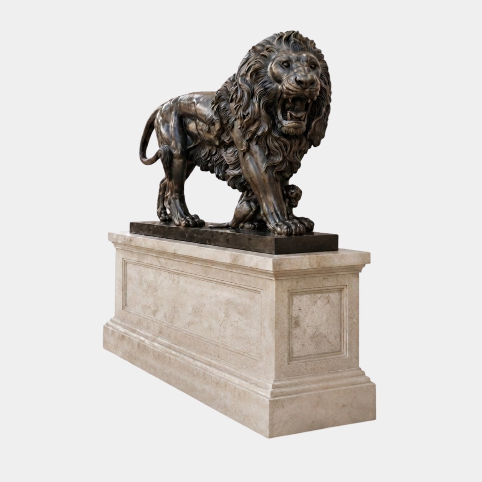 Cast bronze lion with a dark patina over a cub, on a cream marble plinth, 120cm