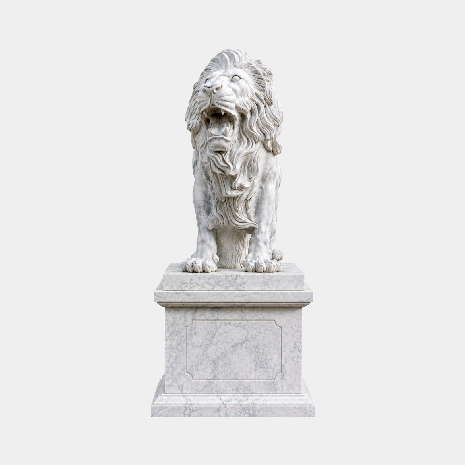 White marble lion standing on a tall moulded pedestal, jaws open and head turned