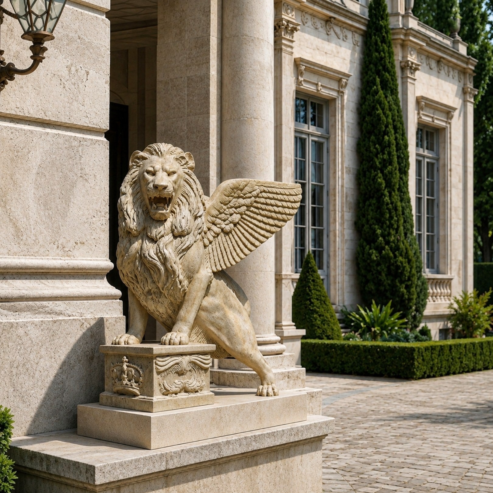 Cream marble winged lion roaring with its forepaws on the crowned block