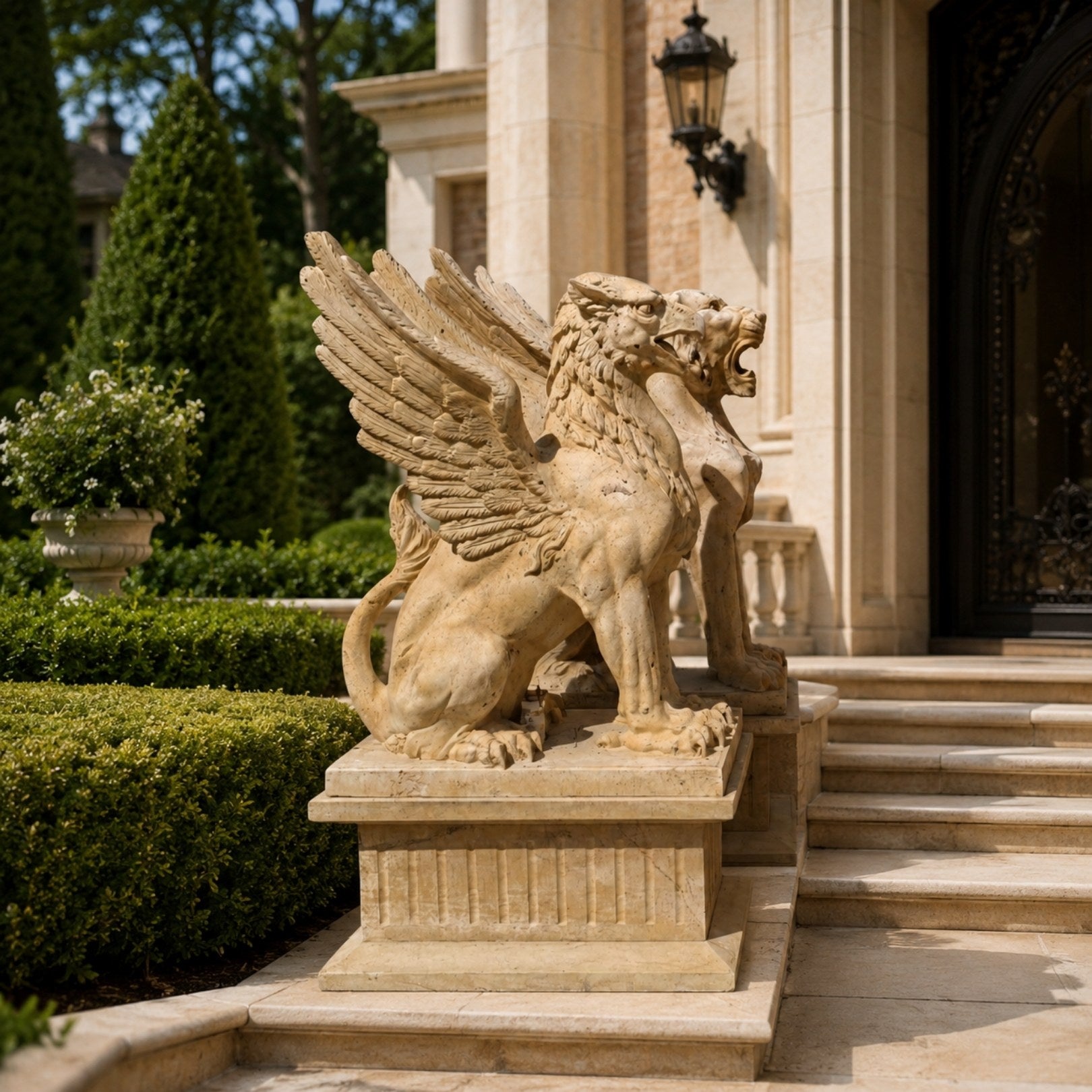 The beige marble griffin on its fluted pedestal beside a stone entrance