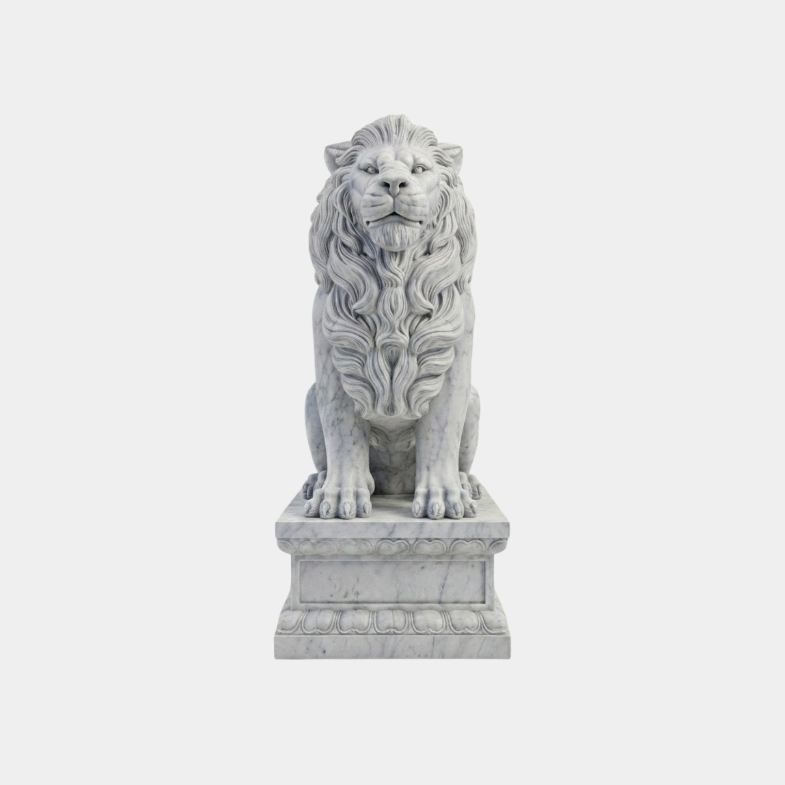 White marble lion seated frontally with a closed mouth and a level expression