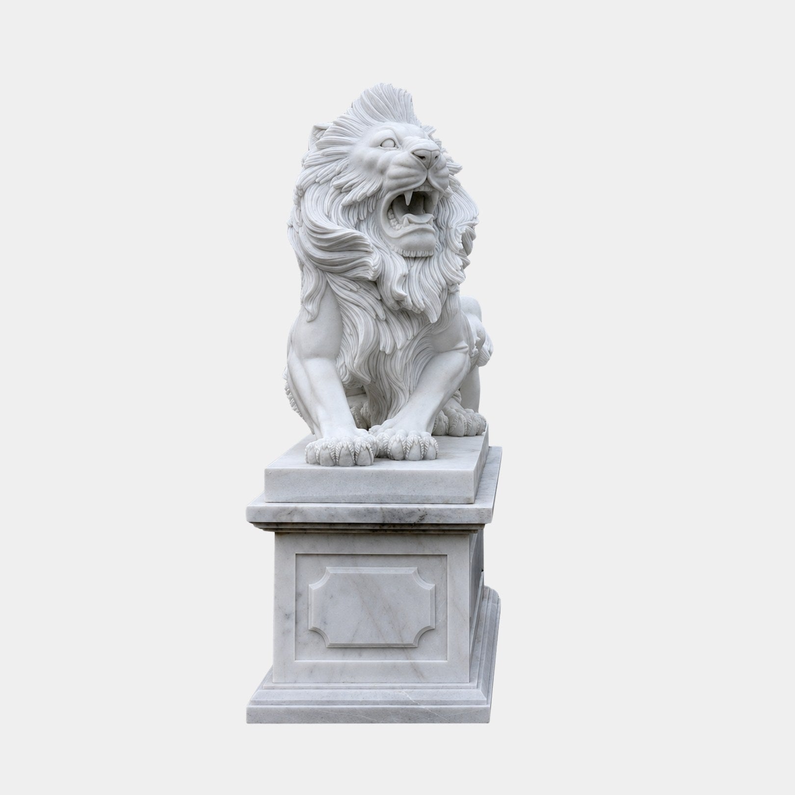 White marble lion seated roaring on a moulded pedestal with a recessed panel