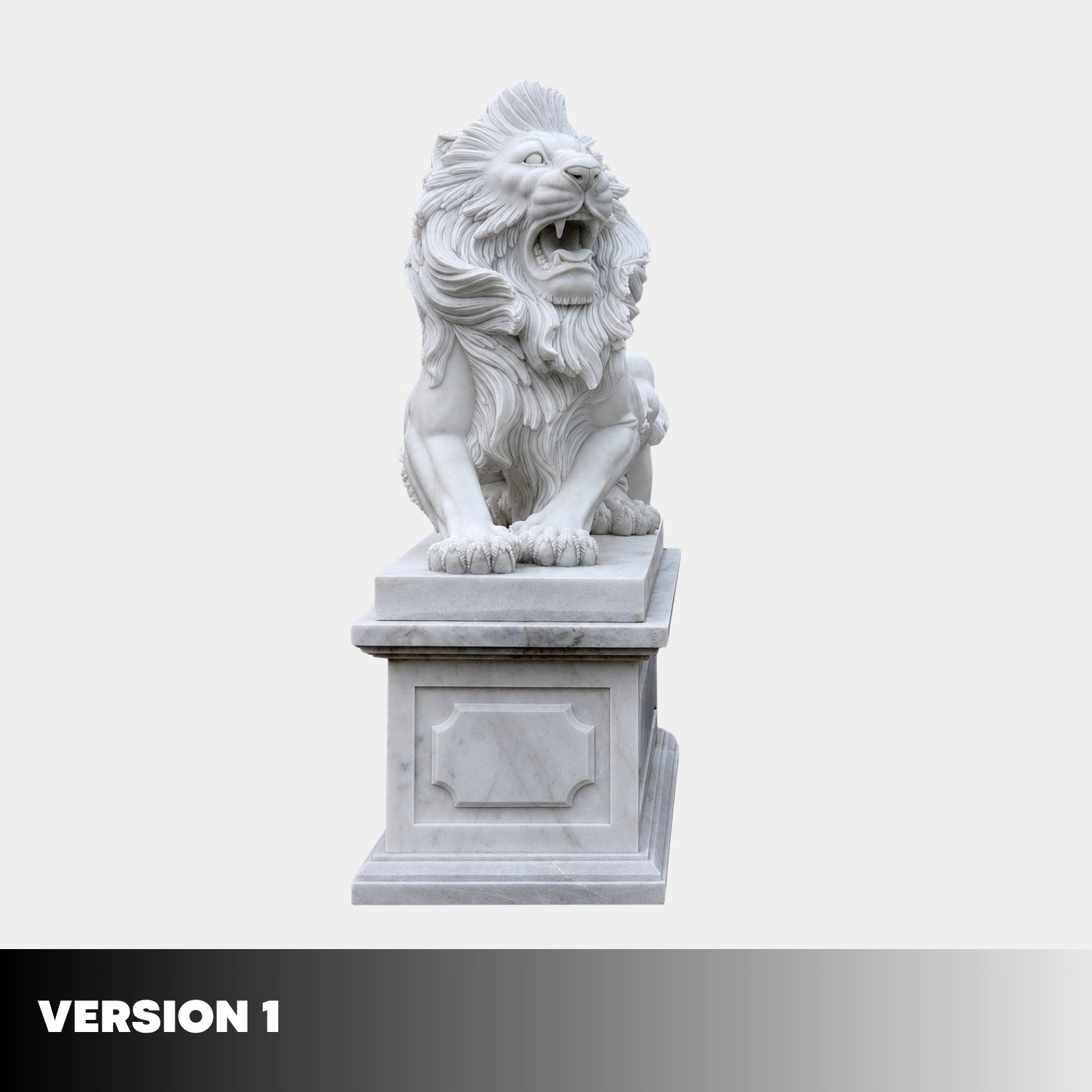 Version 1 of the seated marble lion on its pedestal, roaring