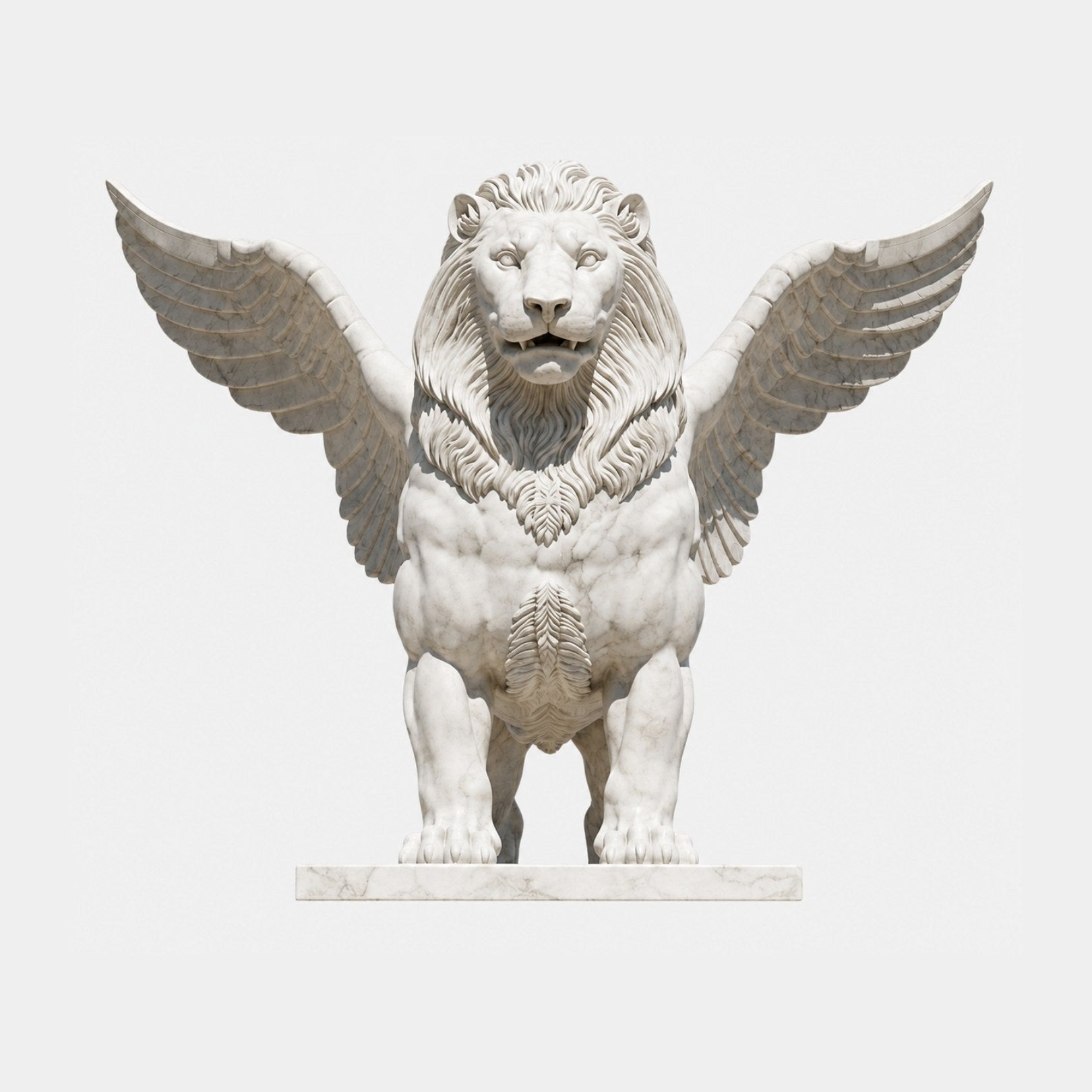 White marble winged lion standing frontally with both wings spread wide