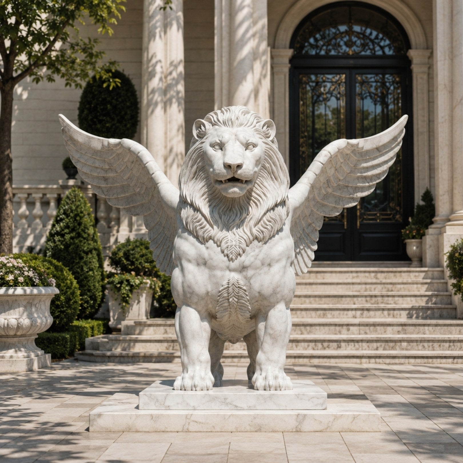 White marble winged lion standing with both wings spread wide