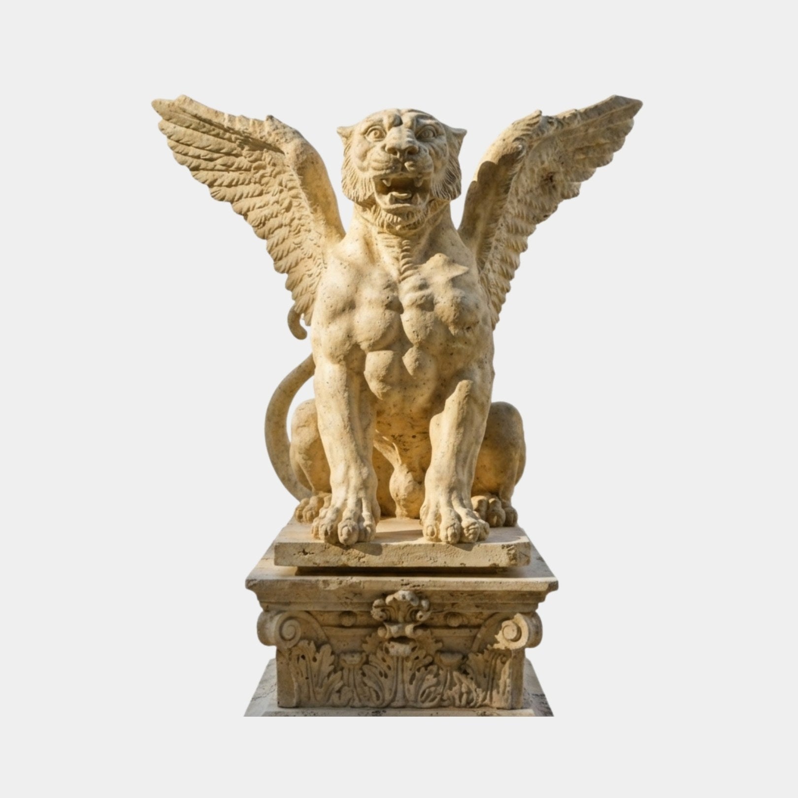Beige stone winged lion seated frontally with both wings raised