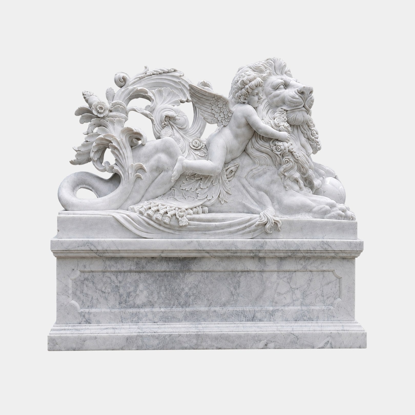 White marble couchant lion with a winged cherub climbing its shoulder