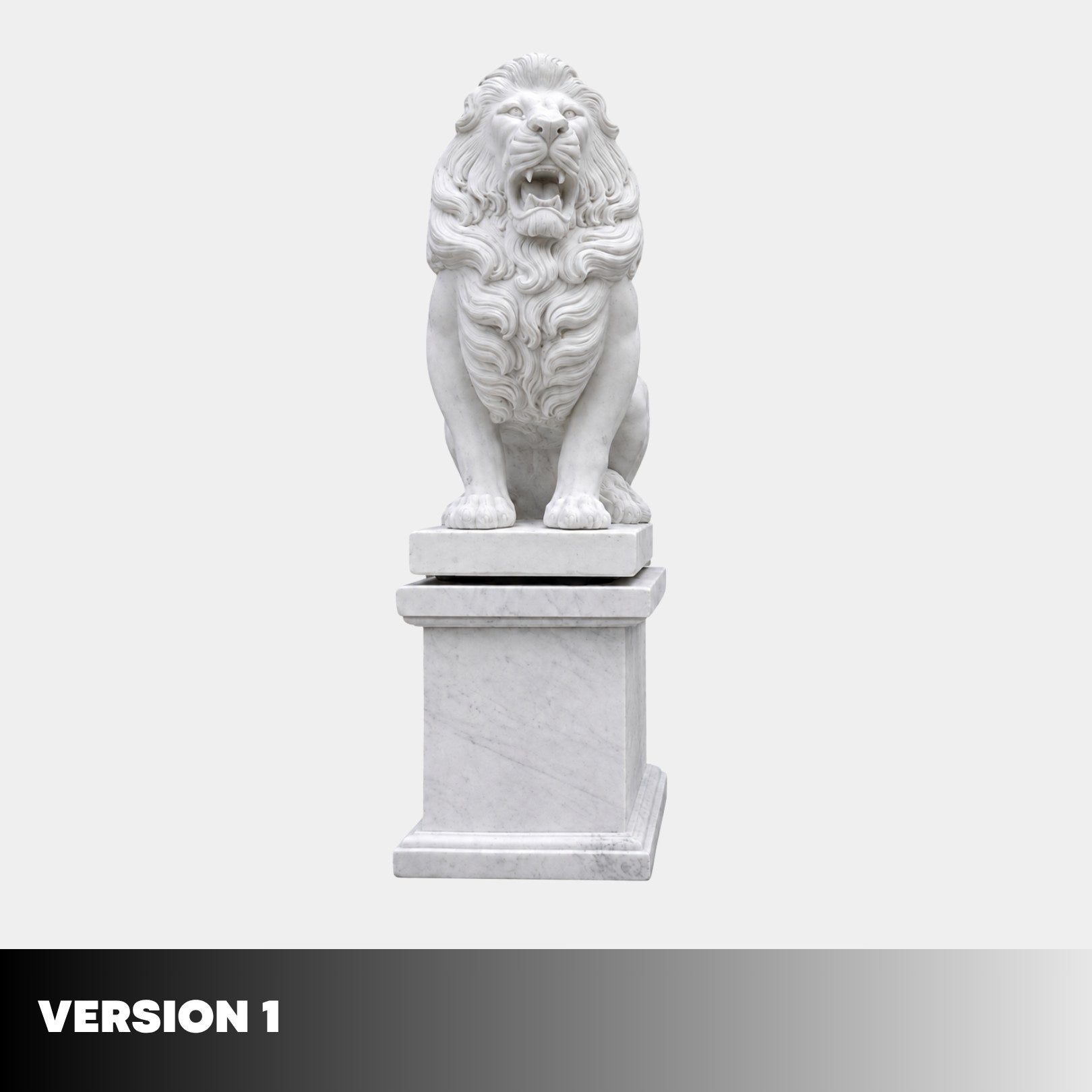 Version 1 of the seated marble lion on its plain pedestal, mouth open