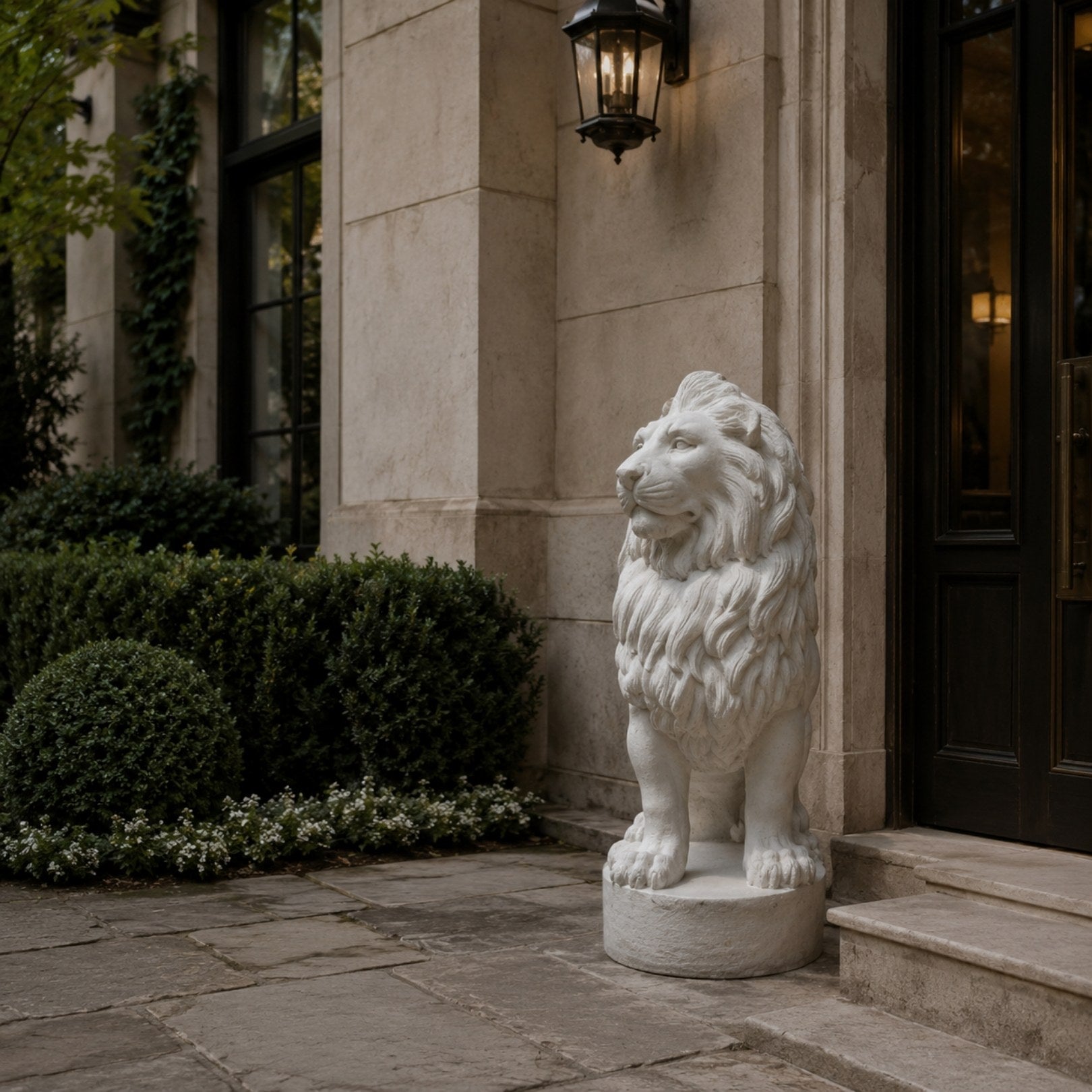 White marble lion standing with a lobed mane on its round base