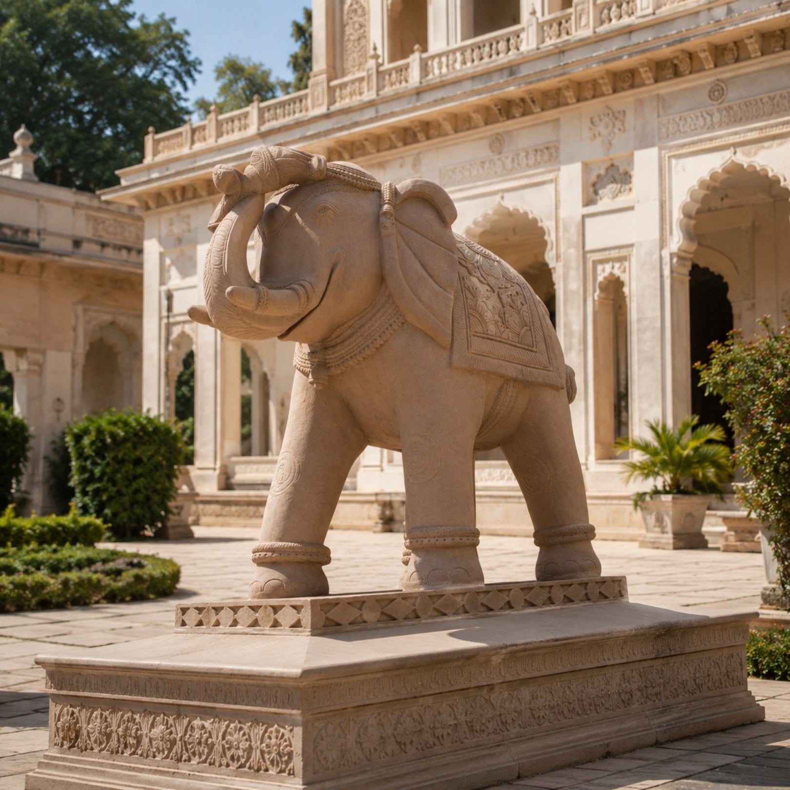 Pink sandstone elephant with its trunk curled back over its head