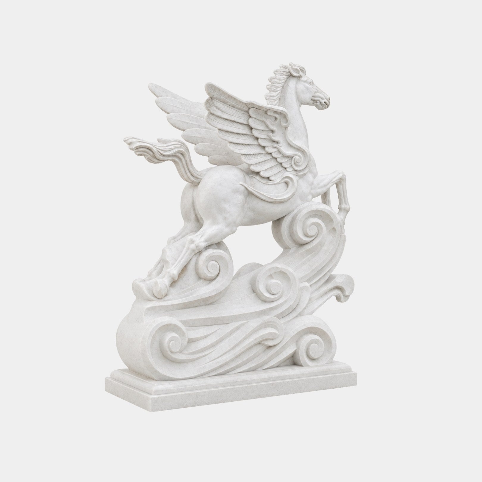 White marble Pegasus rearing from carved wave scrolls with wings swept back