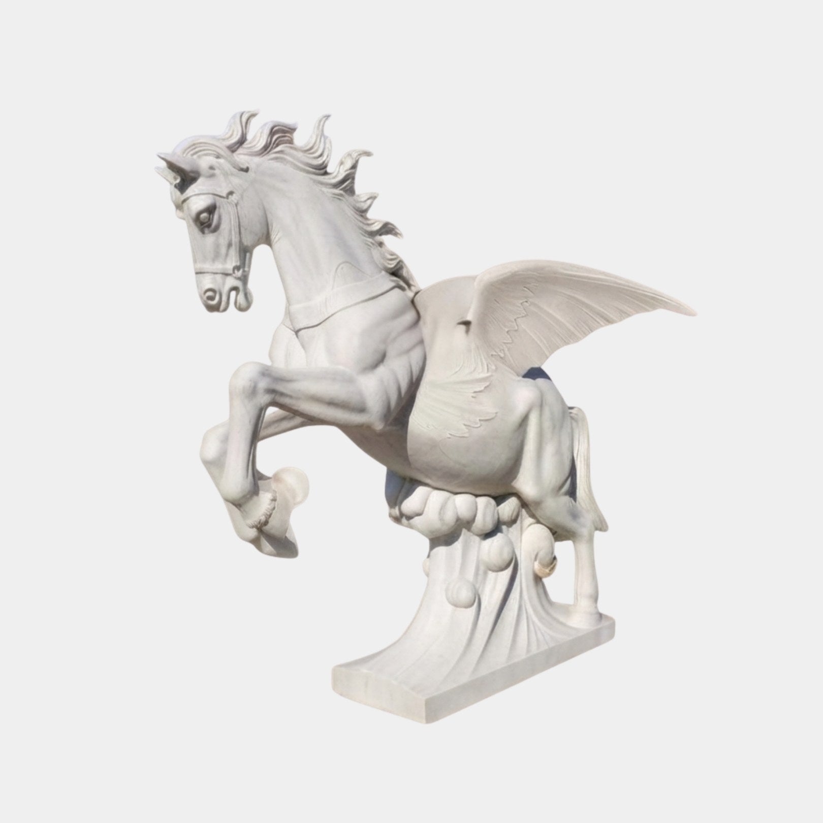 White marble Pegasus springing from a bank of carved cloud with wings swept back
