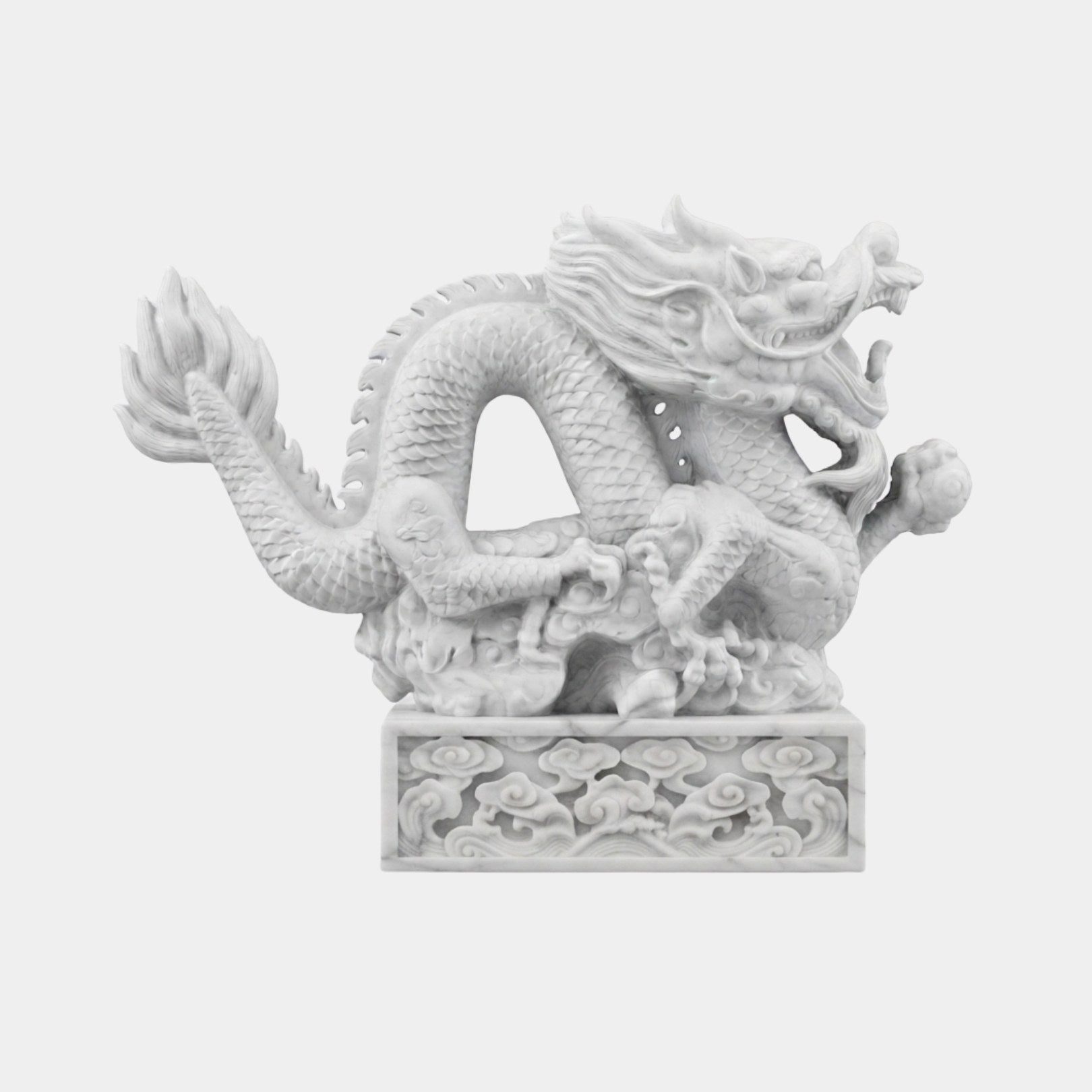 White marble Chinese dragon coiled with its head turned back and jaws open