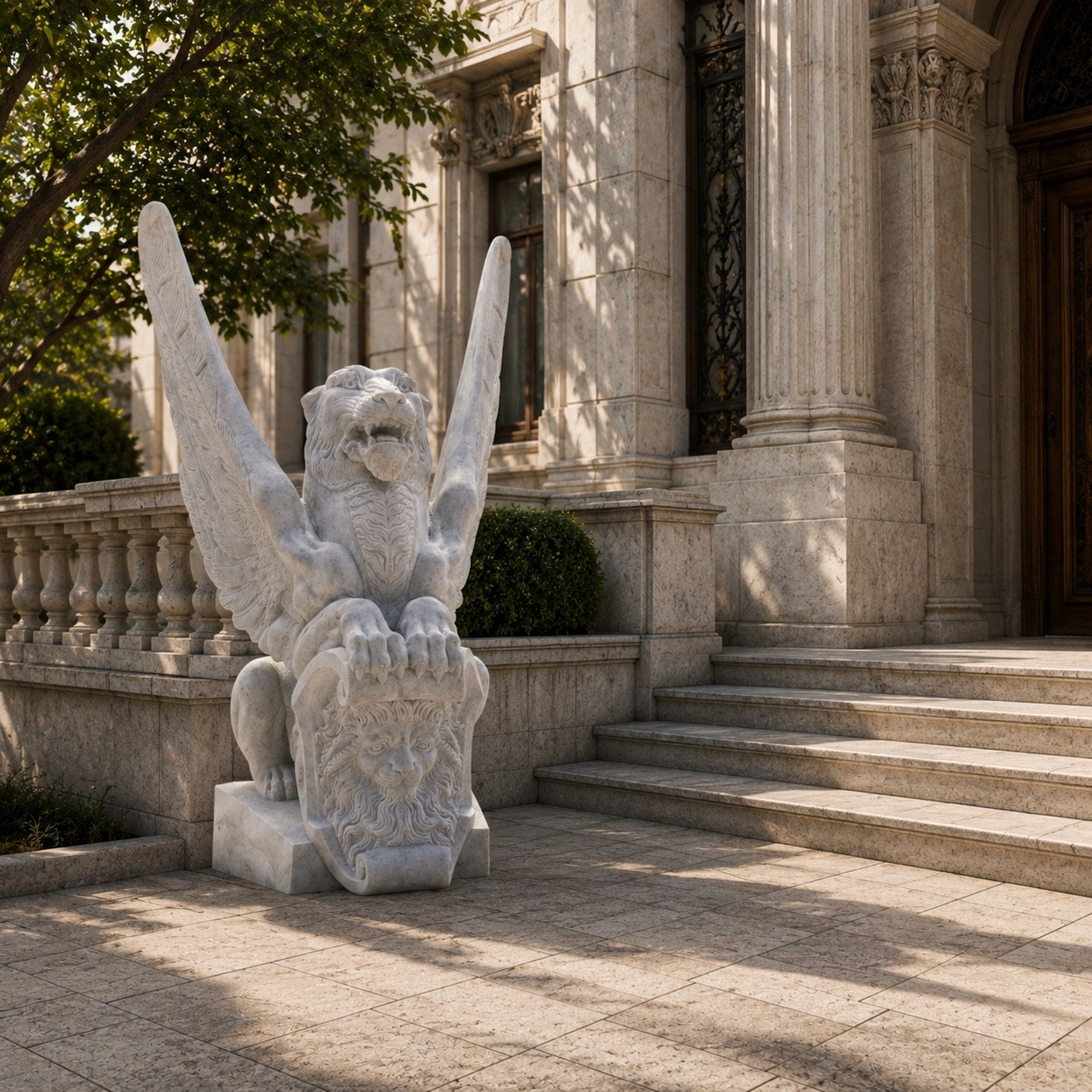 White marble winged lion shown at the foot of stone steps