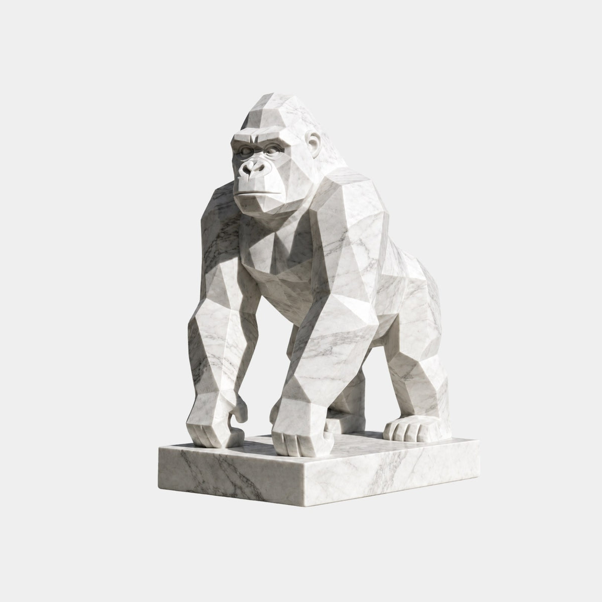 White marble gorilla cut into flat triangular planes, standing on its knuckles