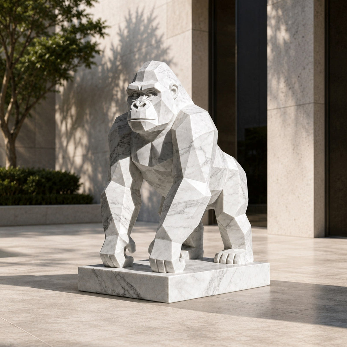 Faceted white marble gorilla on its slab in a paved forecourt