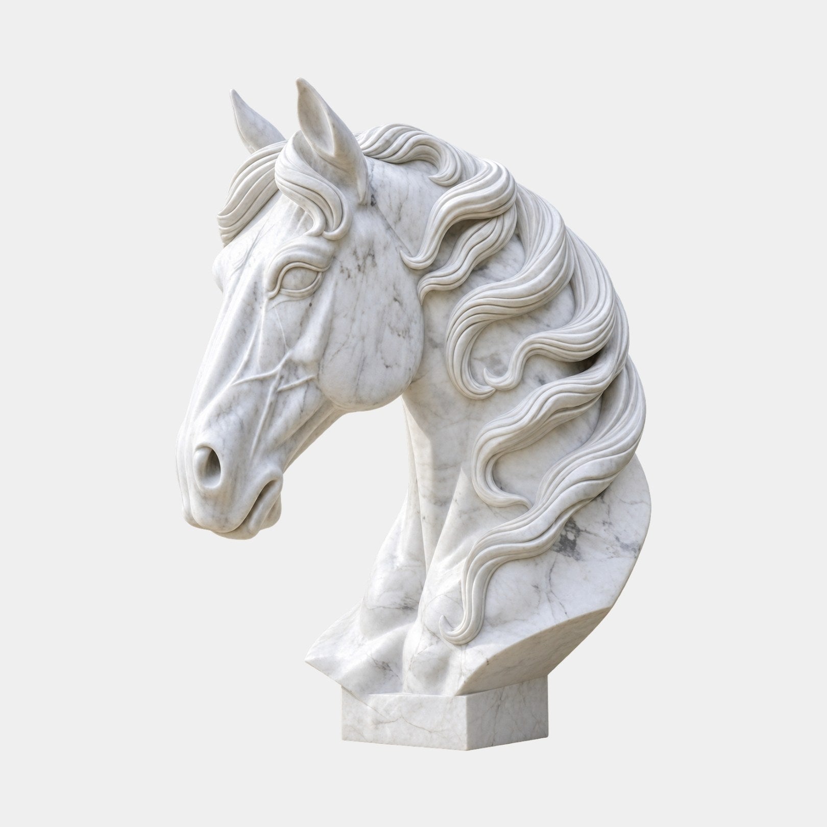 White marble horse head bust with a deeply undercut ribbon mane