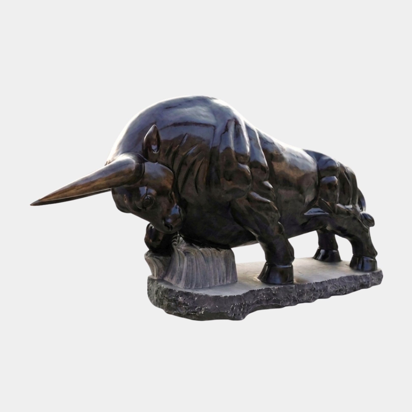 Black marble bull charging with long level horns and a mirror polish