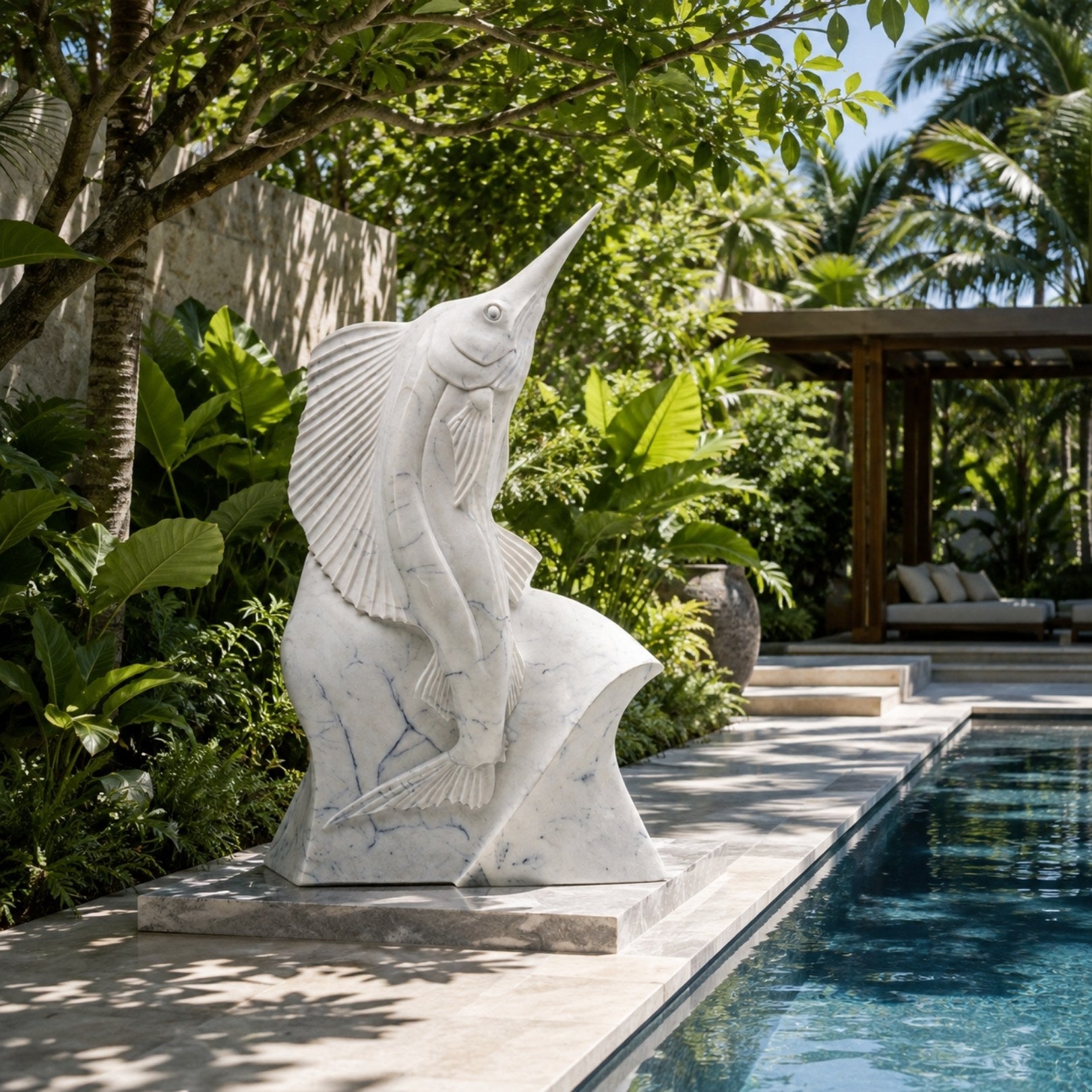 The marble sailfish on a low plinth beside a lap pool, palms behind